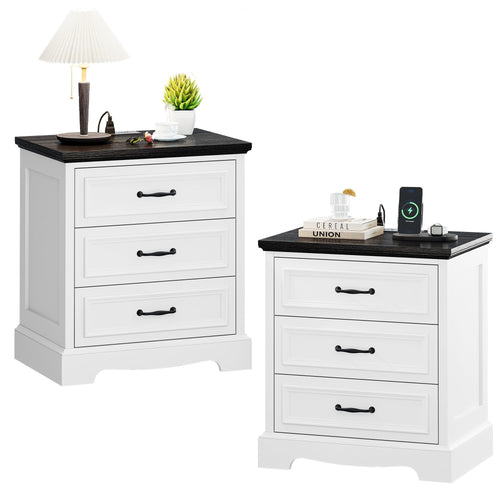 21.7W Farmhouse Nightstand Set of 2 with Charging Station,White End Table with 3 Drawers Storage,Wood Night Stand Side Table,Mod