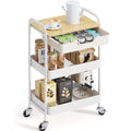 TOOLF 3-Tier Metal Utility Rolling Cart with Drawer and Wooden Table Top, Storage Cart White Trolley Kitchen Organizer Rolling D