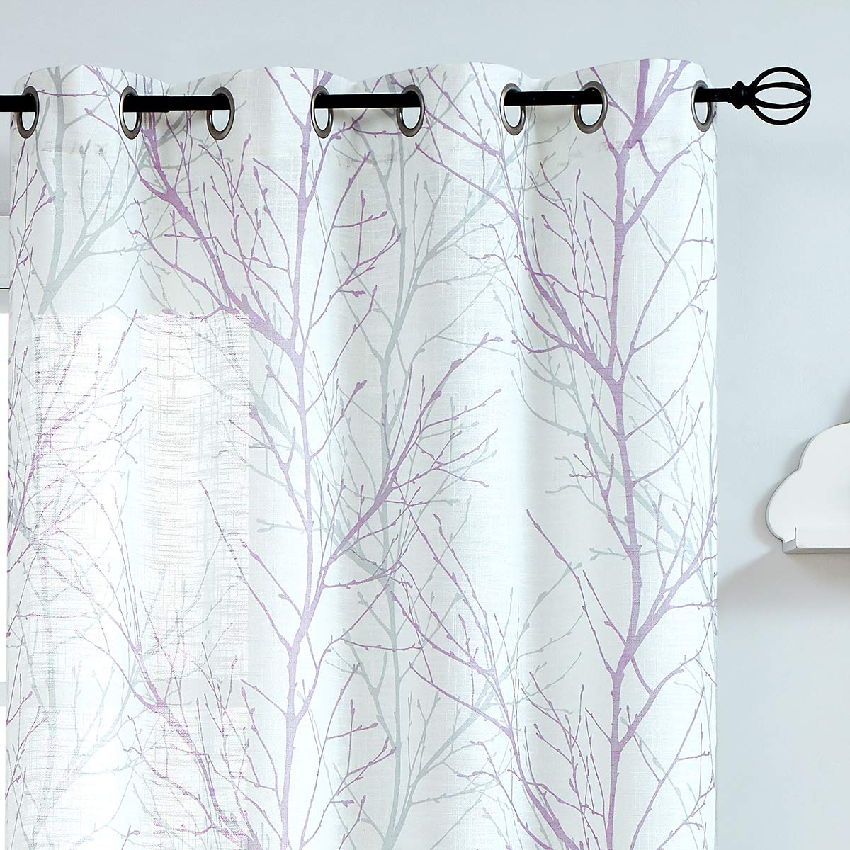 FMFUNCTEX White Semi-Sheer Curtains Bedroom 96-inches Long Lilac and Grey Branches Printing on Linen Textured White Window Treat