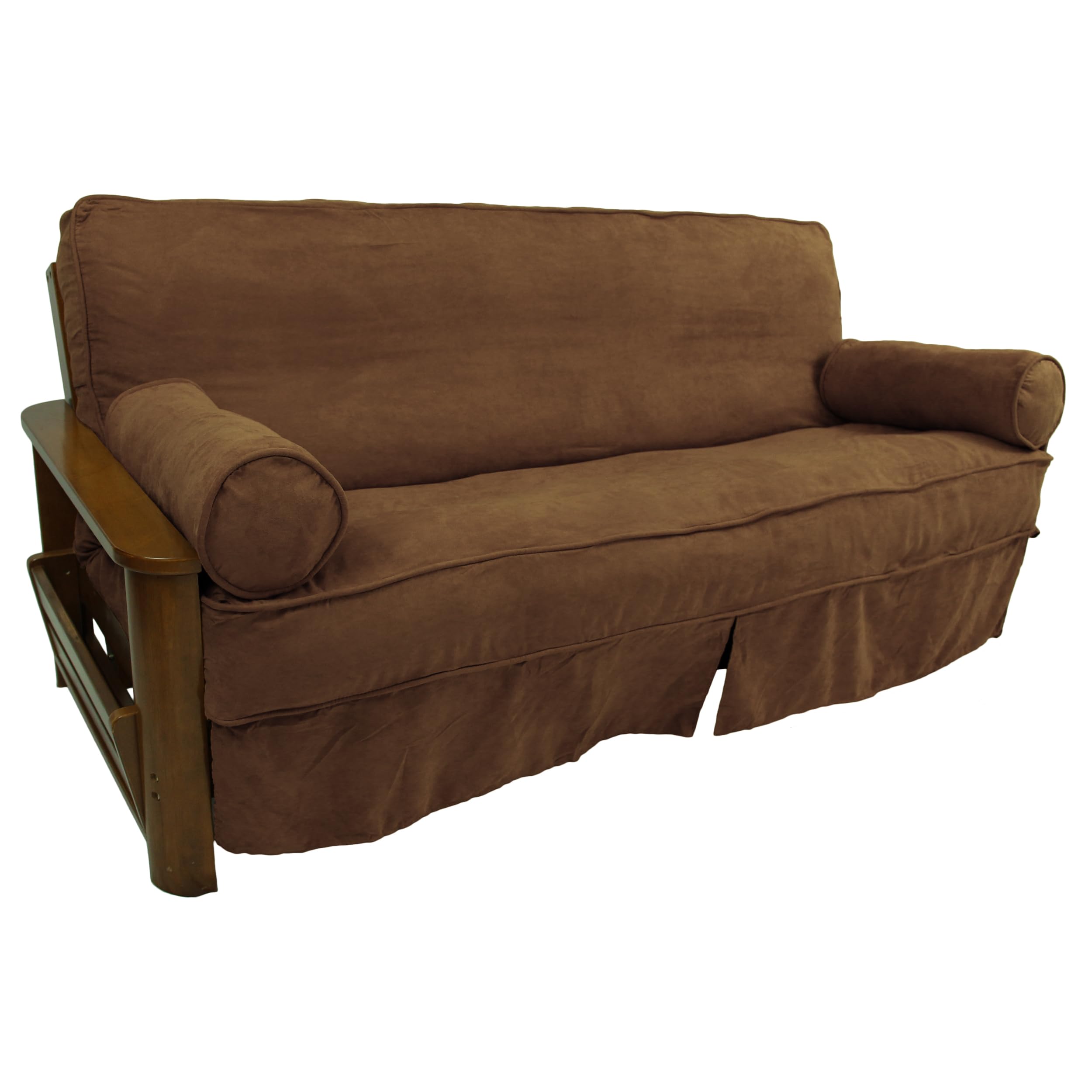 Blazing Needles Solid Microsuede Double Corded 8 to 9 Futon Slipcover Set with 2 Bolster Pillows (Set of 3), Full, Chocolate