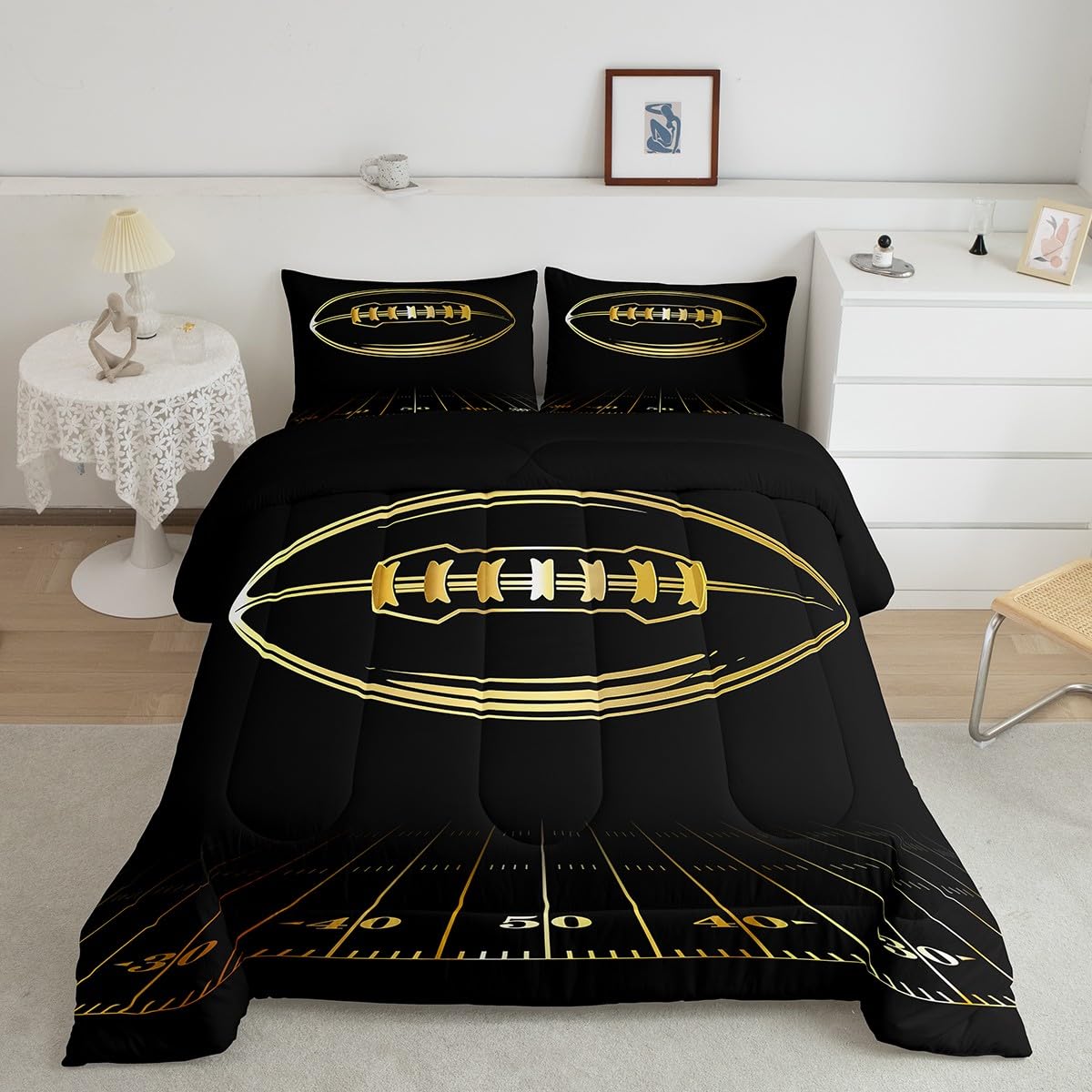 Football Bedding Set Full Kids Rugby Sports Comforter Set American Football Comforter Set for Boys Golden Black Room Decor Light
