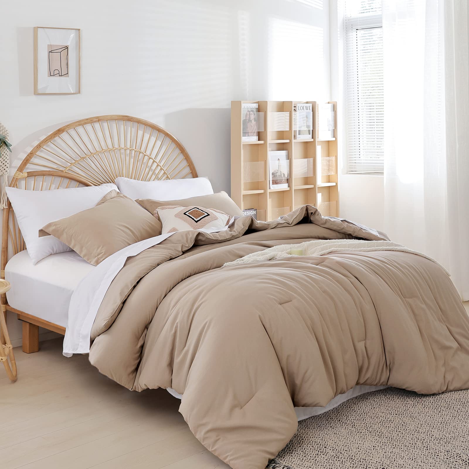 weigelia King Size Comforter Set Boho Taupe Comforter Set Bed in a Bag Bedding Set 7PC King Comforter Set with Sheets - Reversib