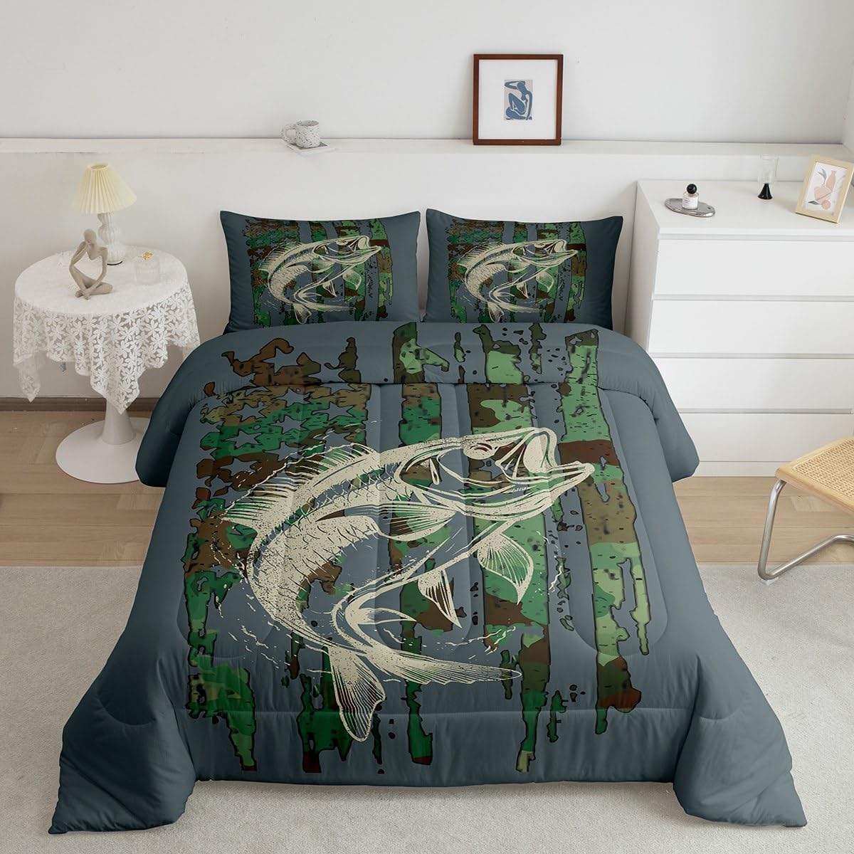 Kids Green Camouflage Bedding Set Camo American Flag Comforter Set for Boys Girls Farmhouse Fishing Decor Comforter Wild Quilted
