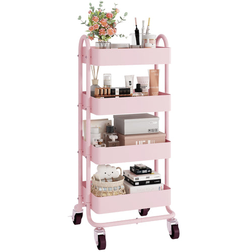 4-Tier Pink Rolling Cart,Metal Utility Rolling Cart with Handle,Multifunction Rolling Carts with Wheels,Kitchen Storage Carts Su