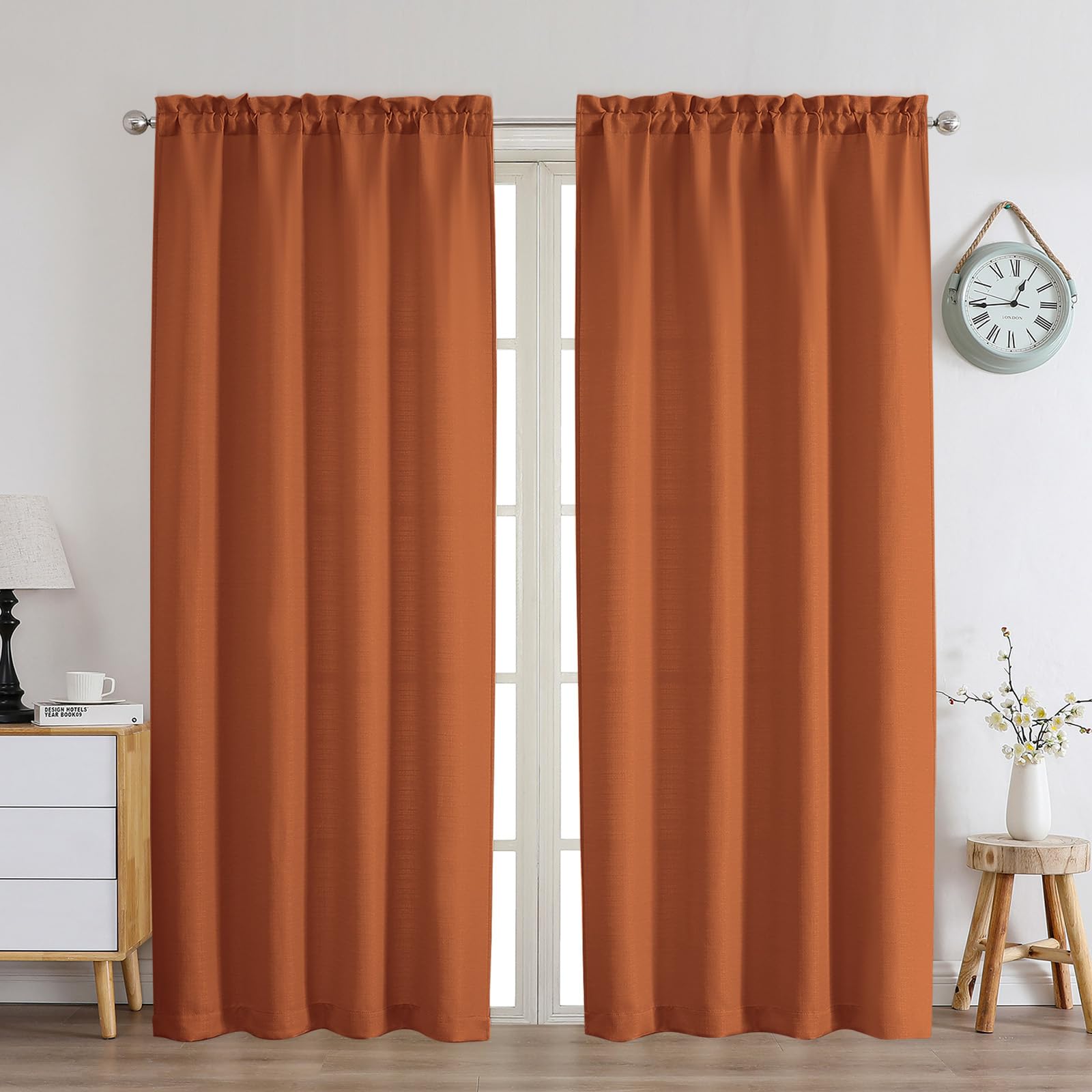 Chyhomenyc Orange Curtains 72 Inch Length 2 Panels Set, Faux Linen Textured Light Filtering Soft Airy Privacy Farmhouse Curtain 