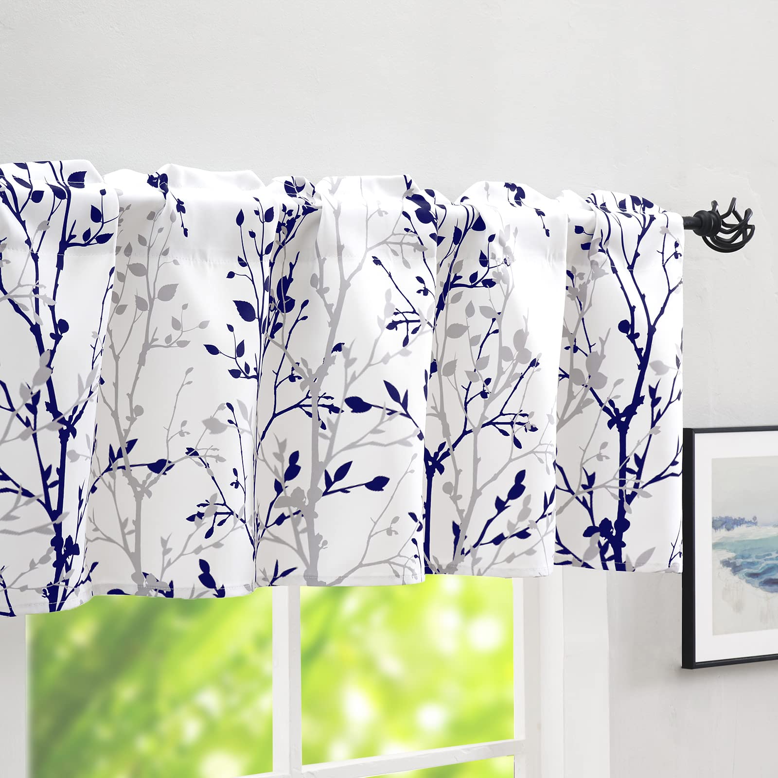 Luvyohmee Tree Branch Printed Curtain Valance, 18 inches long Window Treatment Valance, Navy Blue and Grey Window Valances for K