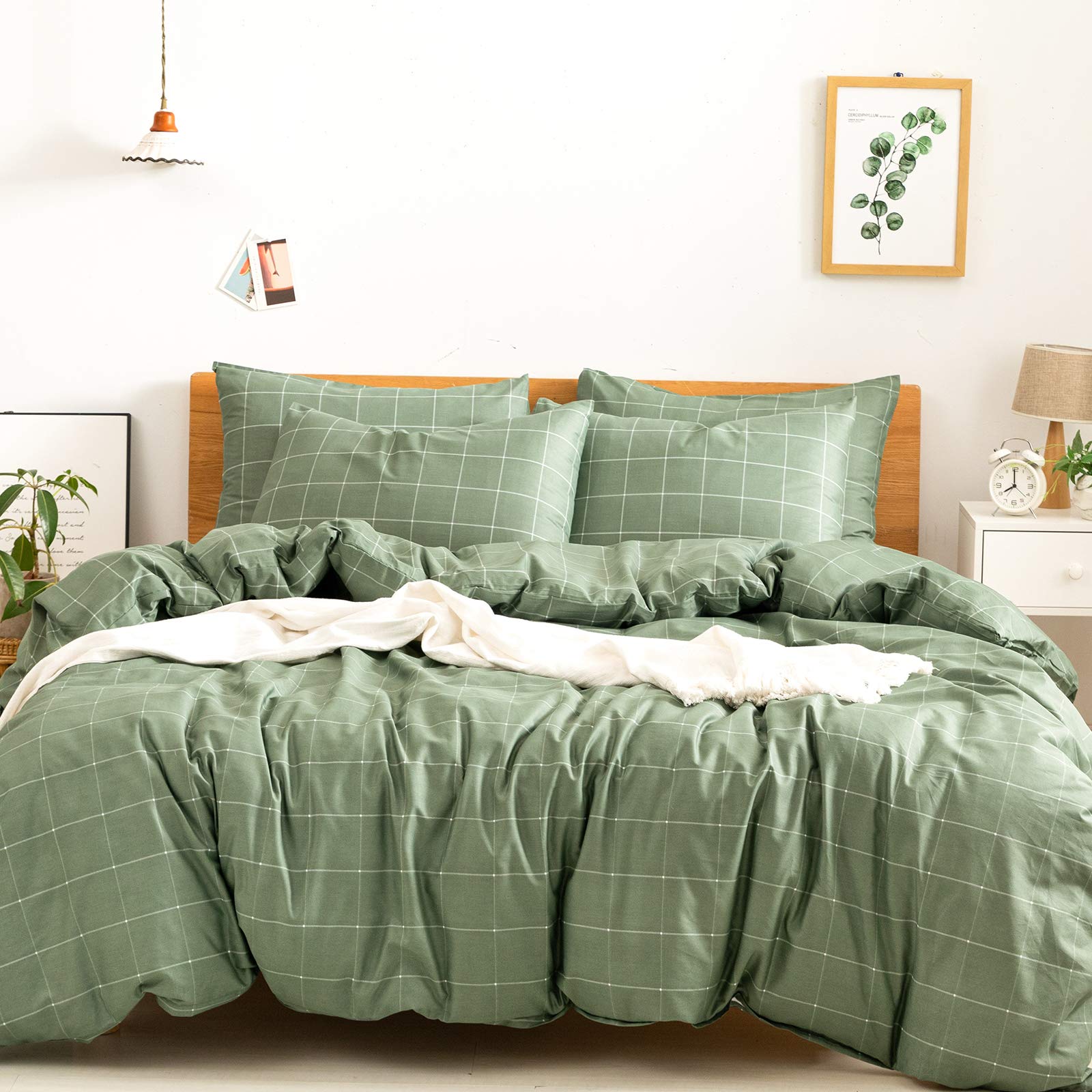 JELLYMONI 100% Natural Cotton 3pcs Plaid Duvet Cover Sets,Green with White Grid Geometric Pattern Printed Comforter Cover,with Z