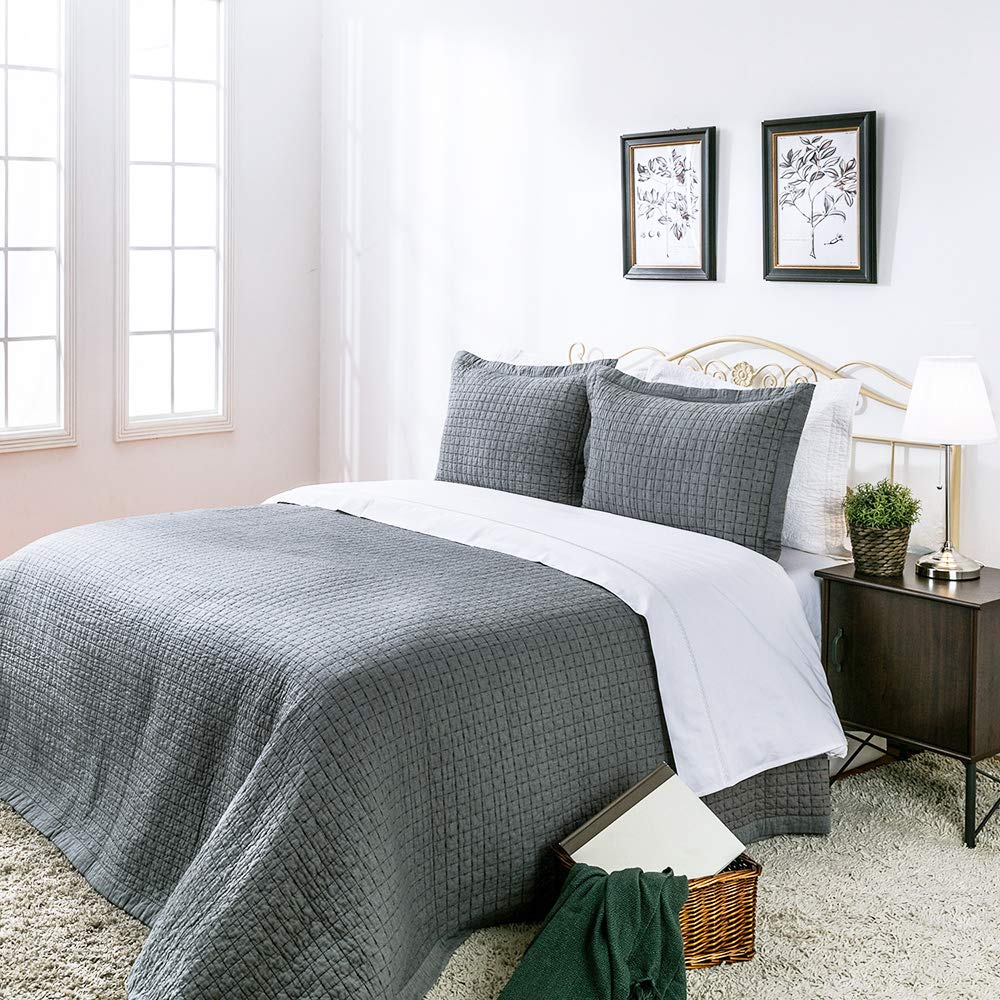 ELEGANT LIFE HOME Cotton Yarn Dyed Chambray Collection Cotton Fill - Lightweight Square Detailed Stitching Bedding Quilt, Twin G