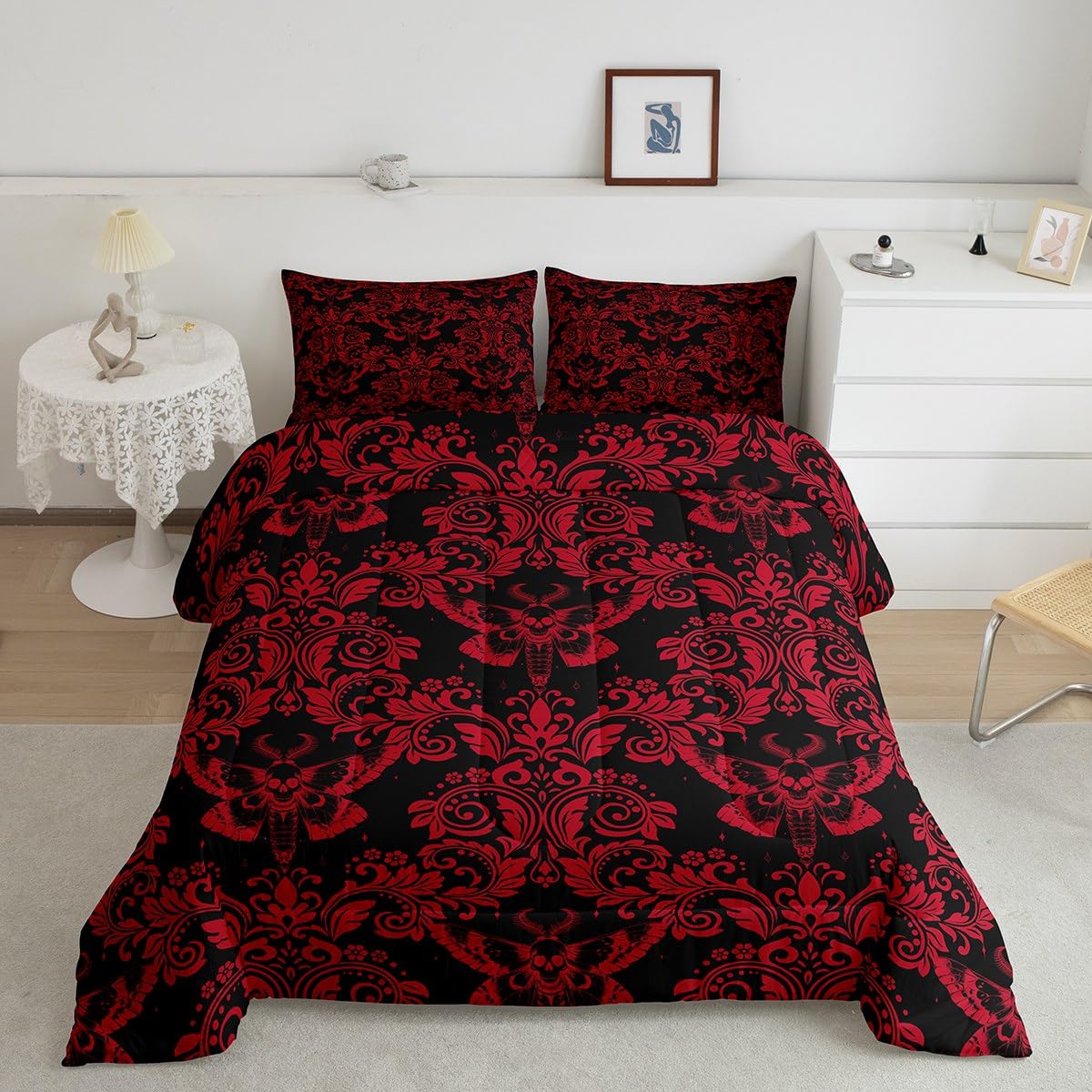 Feelyou Adults Red Vintage Damask Floral Comforter Set Oriental Antique Comforter Queen Size Gothic Bohemia Boho Flower Bedding 