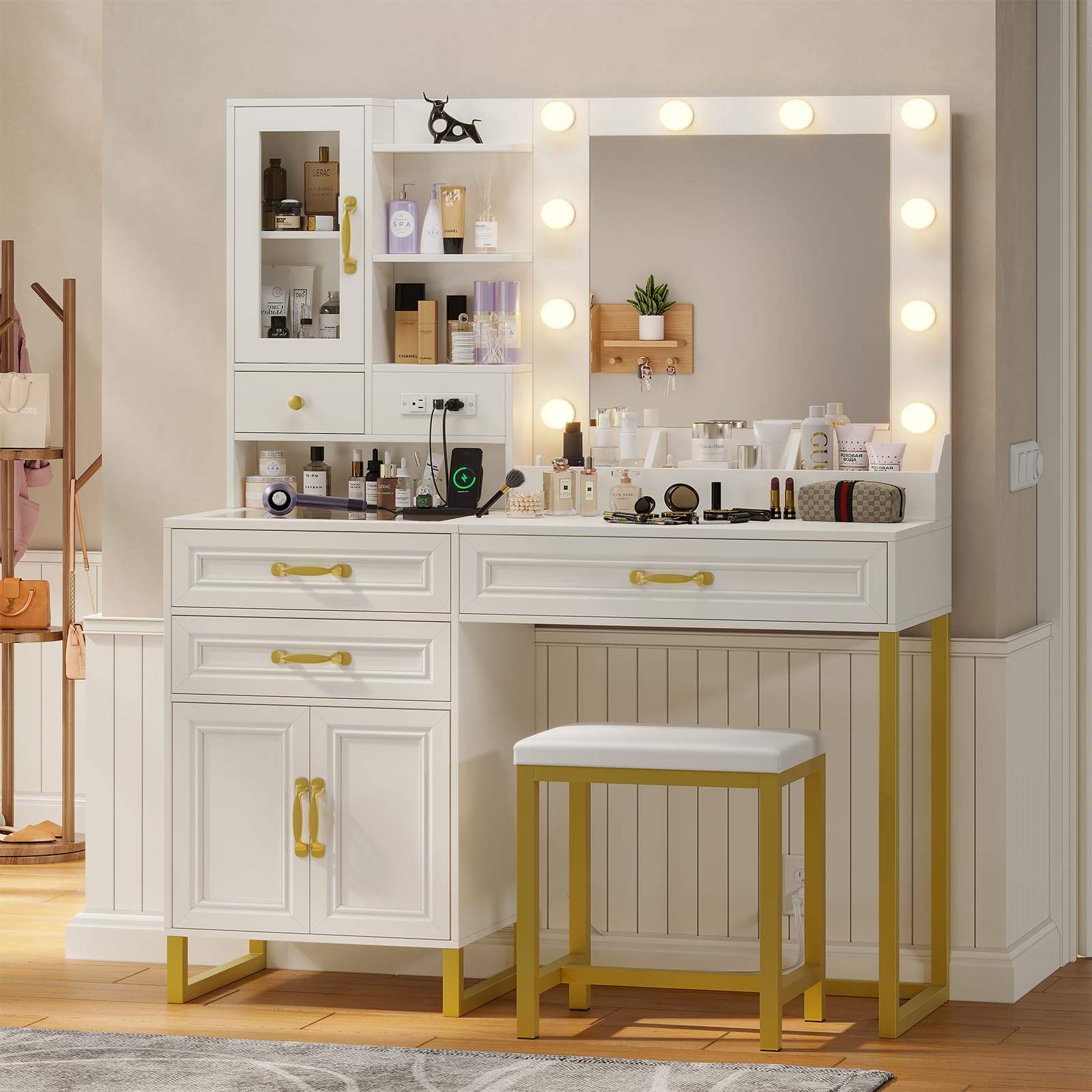 HAUOMS Vanity Desk with Mirror & Lights, Upholstered Stool & Power Outlet, Makeup Vanity Set with Glass Top Drawers, Shelves & C