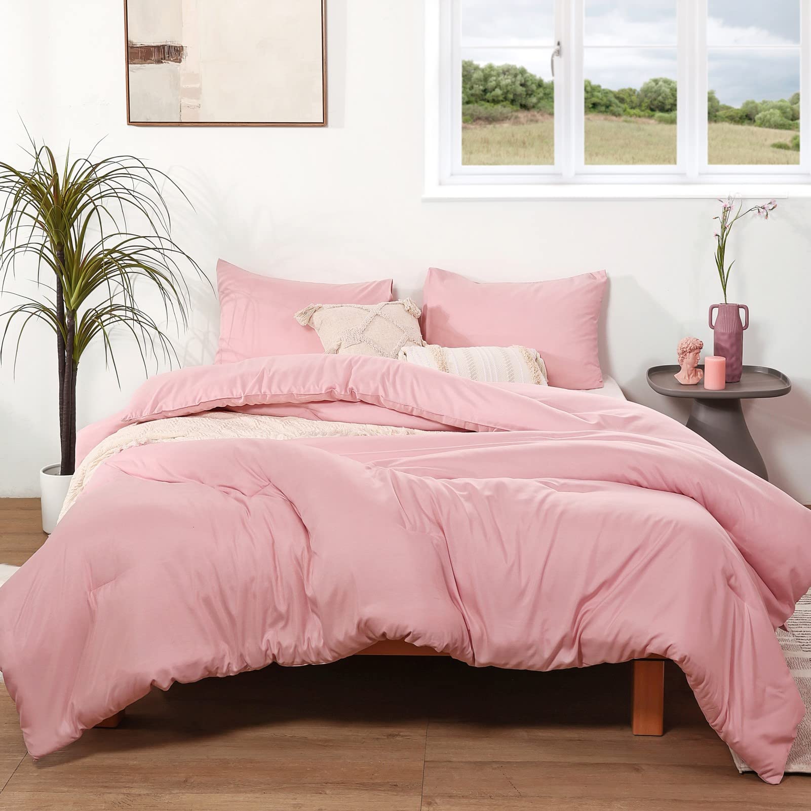 ROSGONIA Pink Comforter Full Size,3pcs Comforter Full Size for Girls Teen (1 Boho Light Pink Comforter & 2 Pillowcases),Lightwei