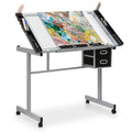 MoNiBloom Drafting Table on Wheels with Storage & Side Tray - Adjustable 0-65 Glass Tabletop, Replaceable Feet Art Desk