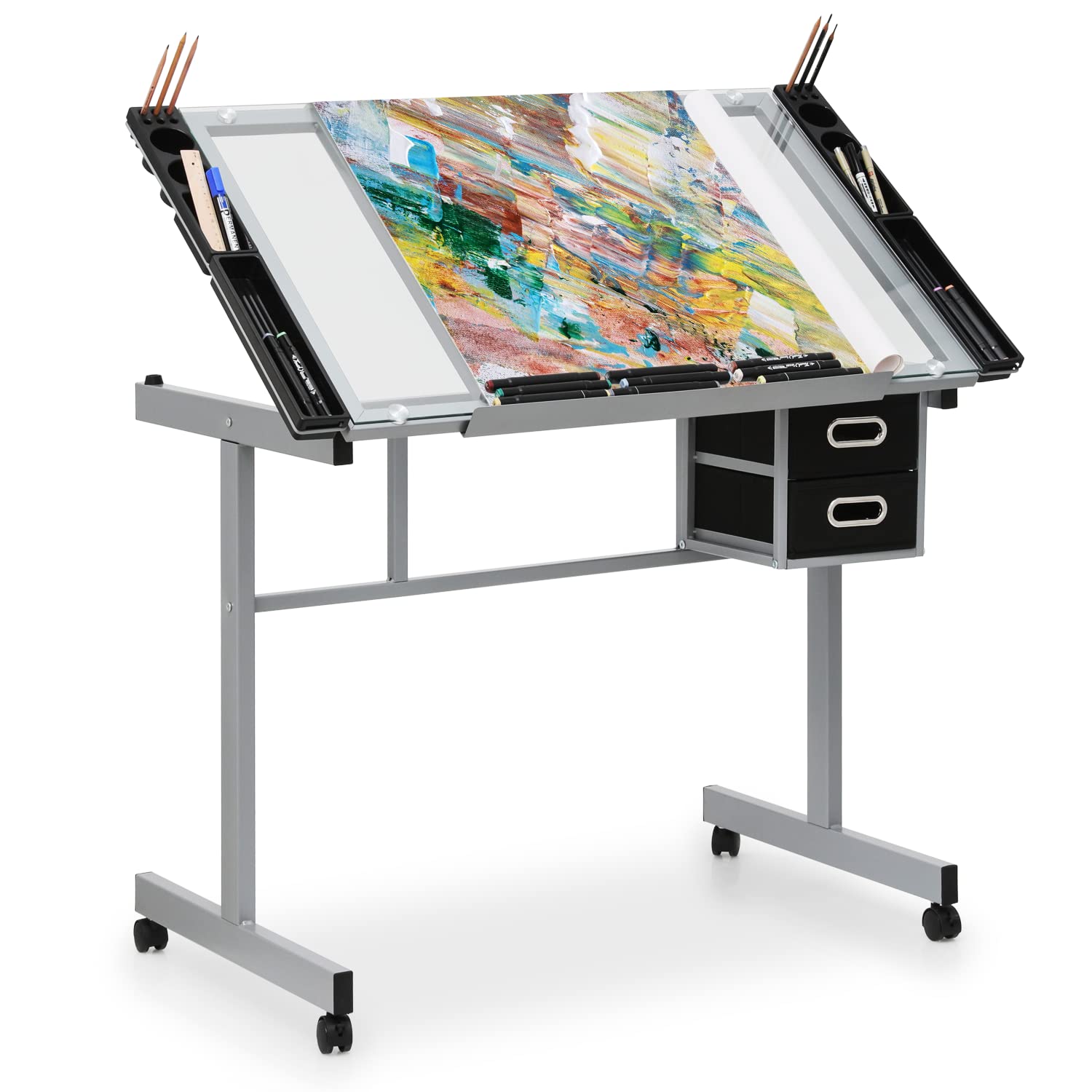 MoNiBloom Drafting Table on Wheels with Storage & Side Tray - Adjustable 0-65 Glass Tabletop, Replaceable Feet Art Desk