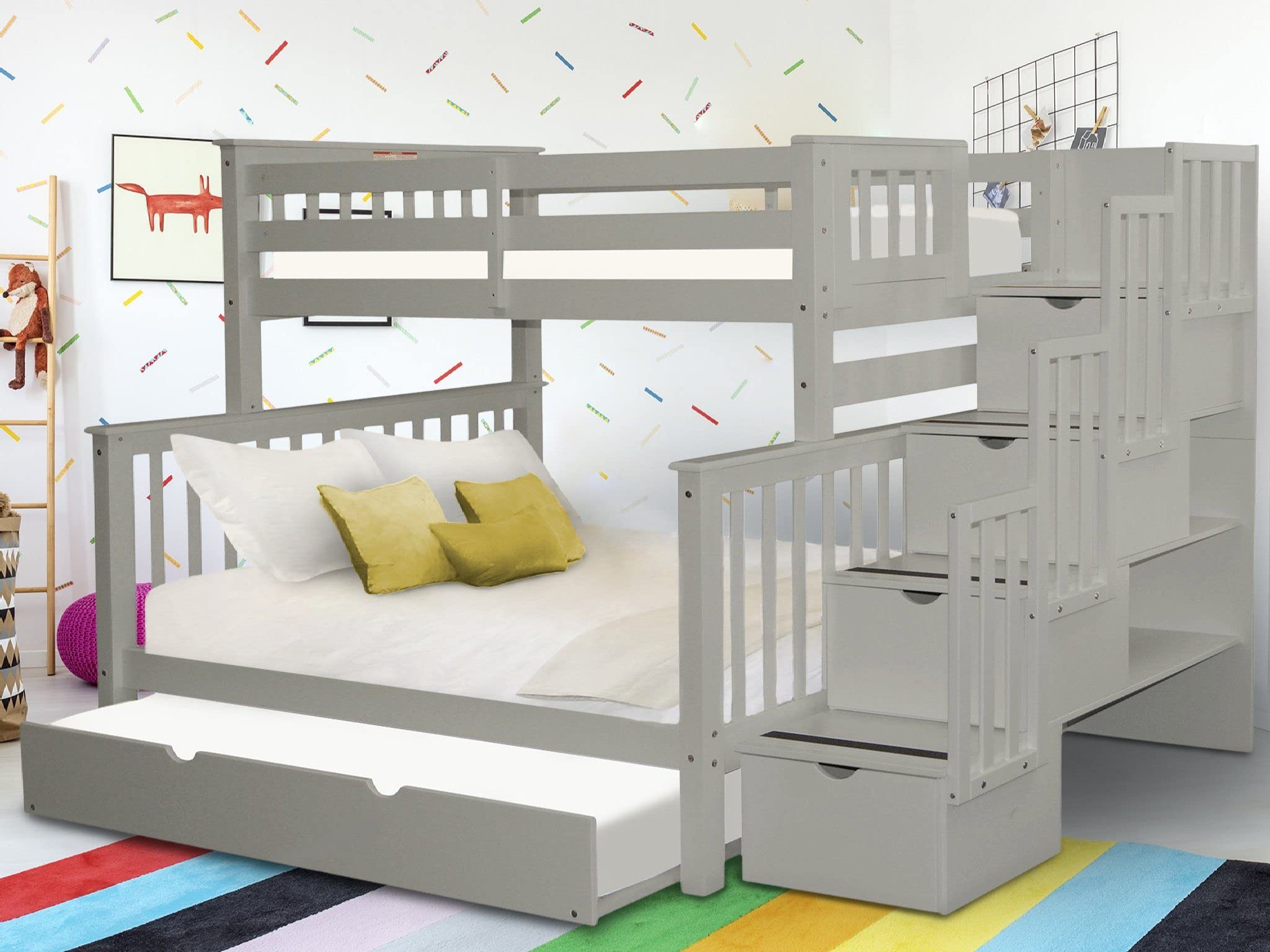 Bedz King Stairway Bunk Beds Twin over Full with 4 Drawers in the Steps and a Full Trundle, Gray