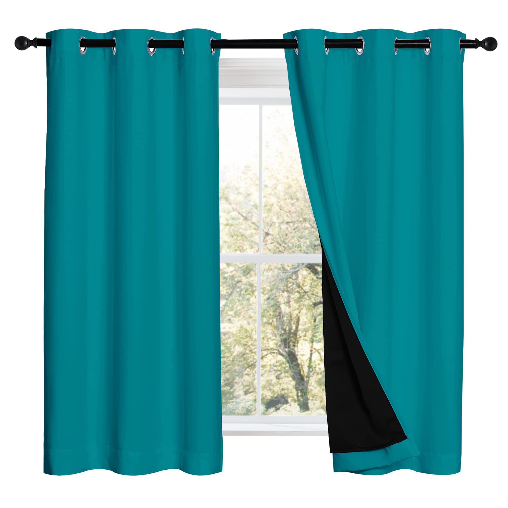 NICETOWN Peacock Teal 100% Blackout Lined Curtains, 2 Thick Layers Completely Blackout Window Treatment Panels Thermal Insulated