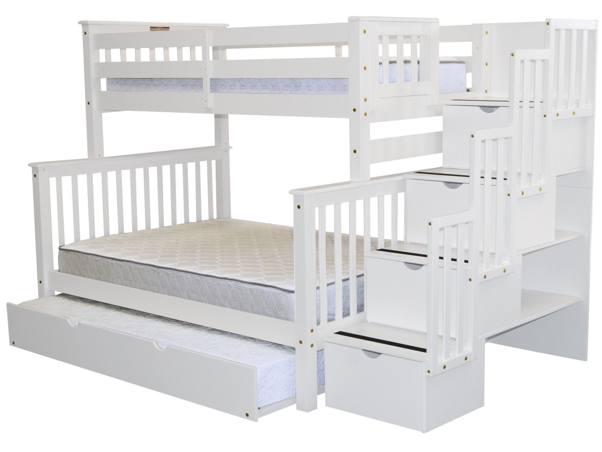 Bedz King Stairway Bunk Beds Twin over Full with 4 Drawers in the Steps and a Full Trundle, White
