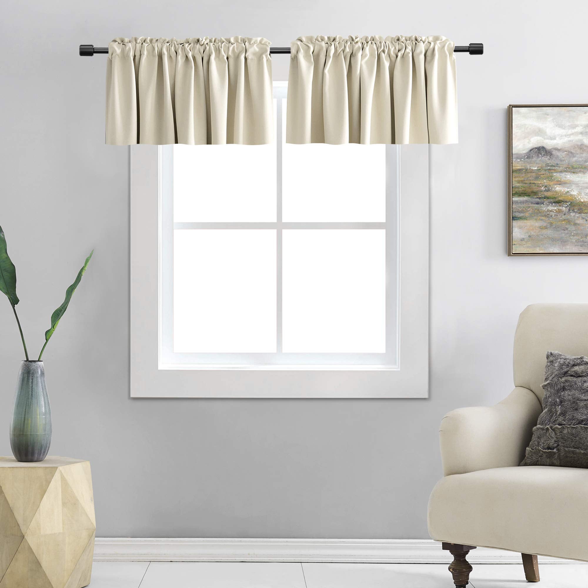 DONREN 2 Pcs Cream Beige Curtain Valances for Kitchen -18 Inches Long Room Darkening Rod Pocket Valances (42 by 18 Inch Length)