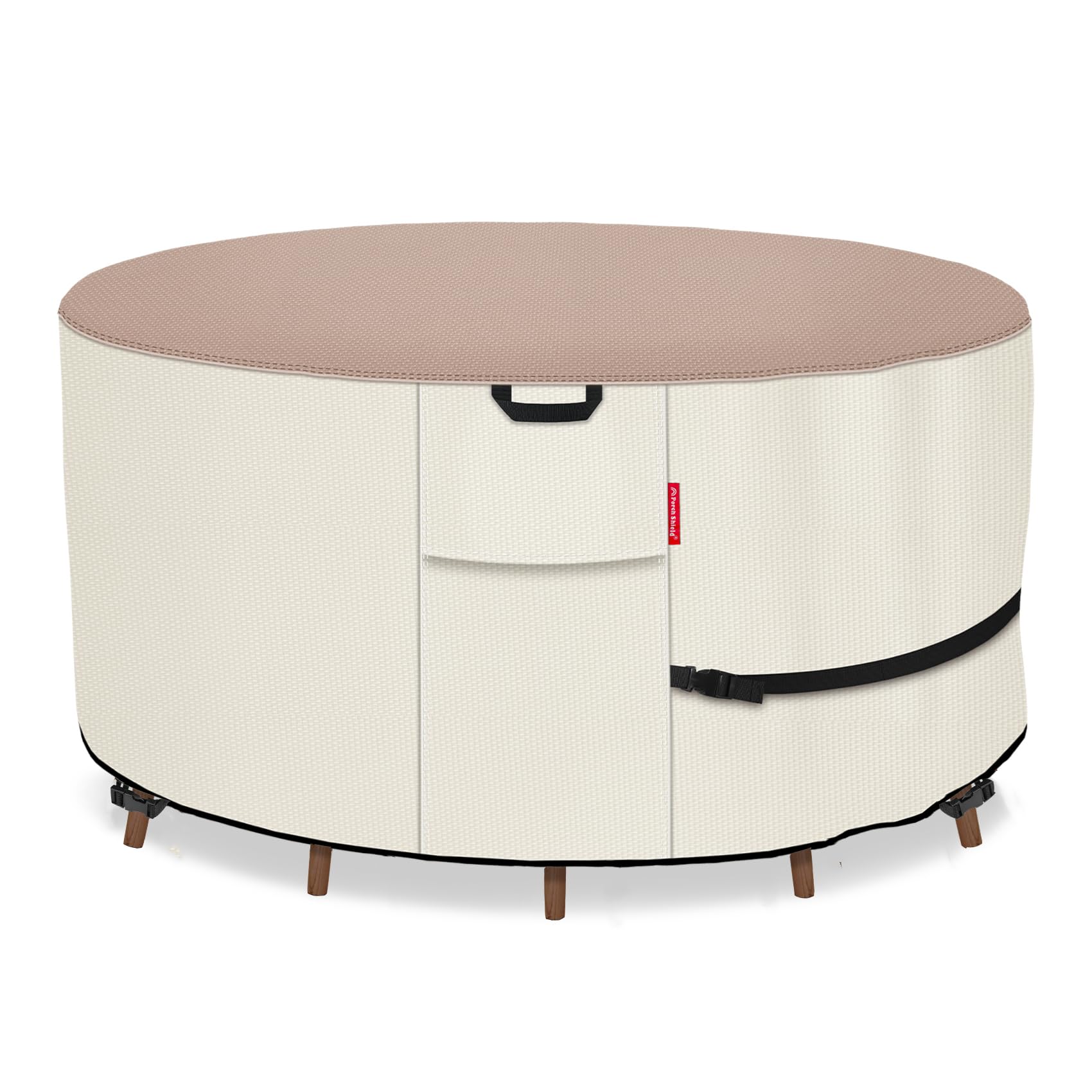 Porch Shield Round Patio Furniture Cover - Waterproof 600D Heavy Duty Outdoor Table and Chairs Cover 62 inch, Light Tan & Khaki