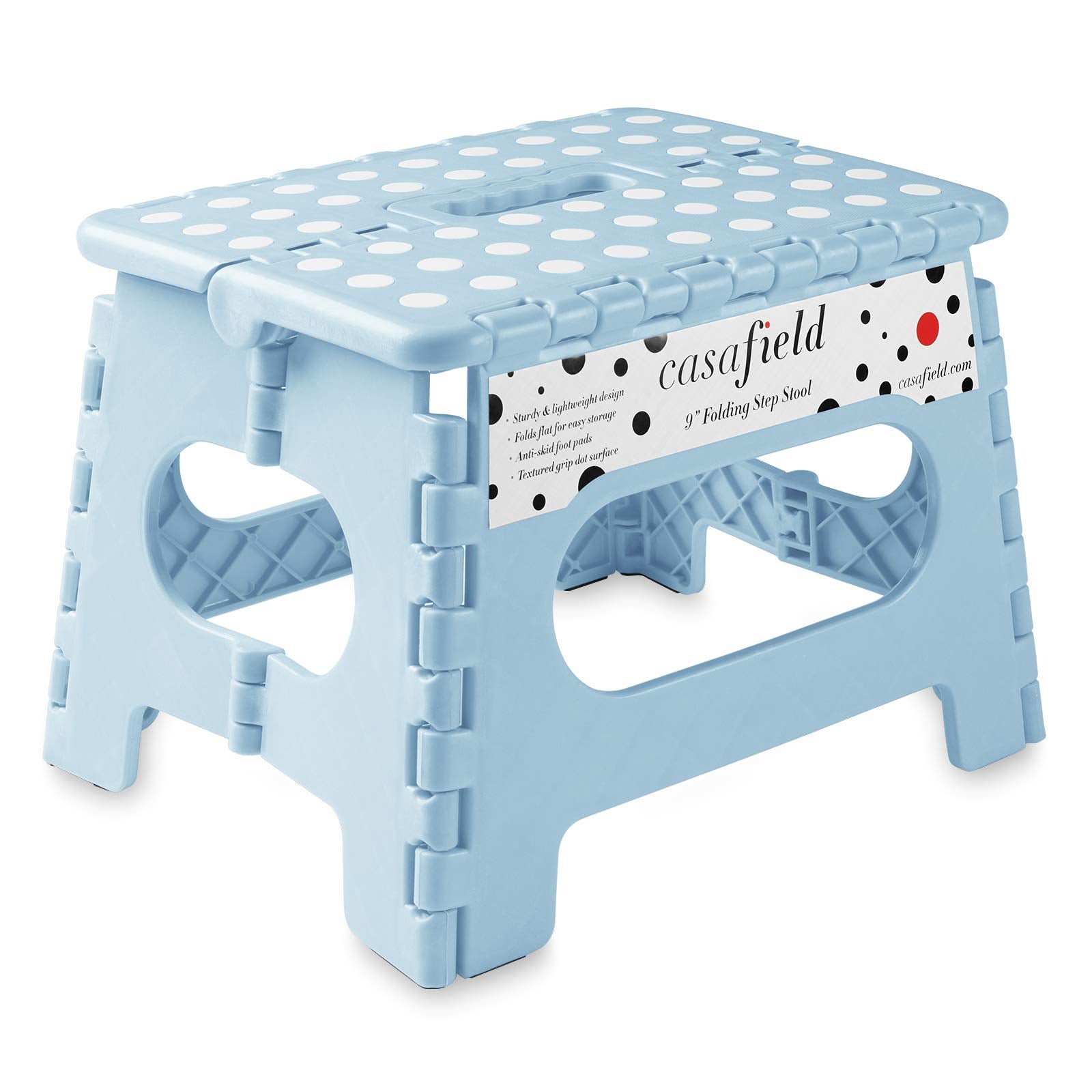 Casafield 9 Folding Step Stool with Handle, Blue - Portable Collapsible Small Plastic Foot Stool for Kids and Adults - Use in Th