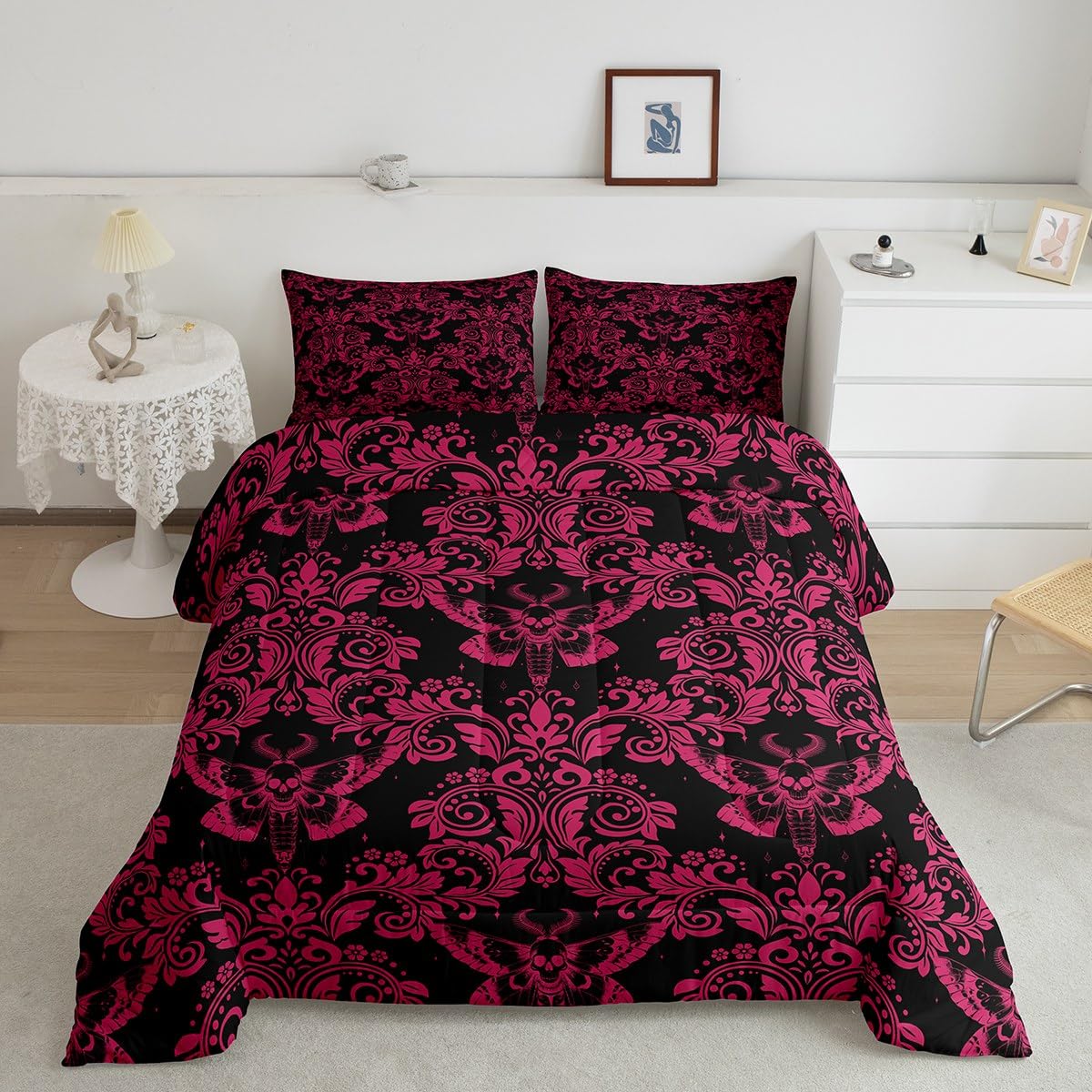 Feelyou Adults Pink Vintage Damask Floral Comforter Set Oriental Antique Comforter Full Size Gothic Bohemia Boho Flower Bedding 