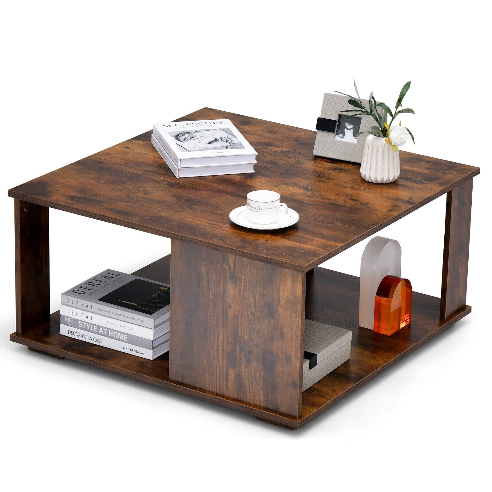 Giantex 32    Square Coffee Table, 2-Tier Wooden Table with Storage Shelf, Industrial Home Accent Table, Mid-Century Center Tabl
