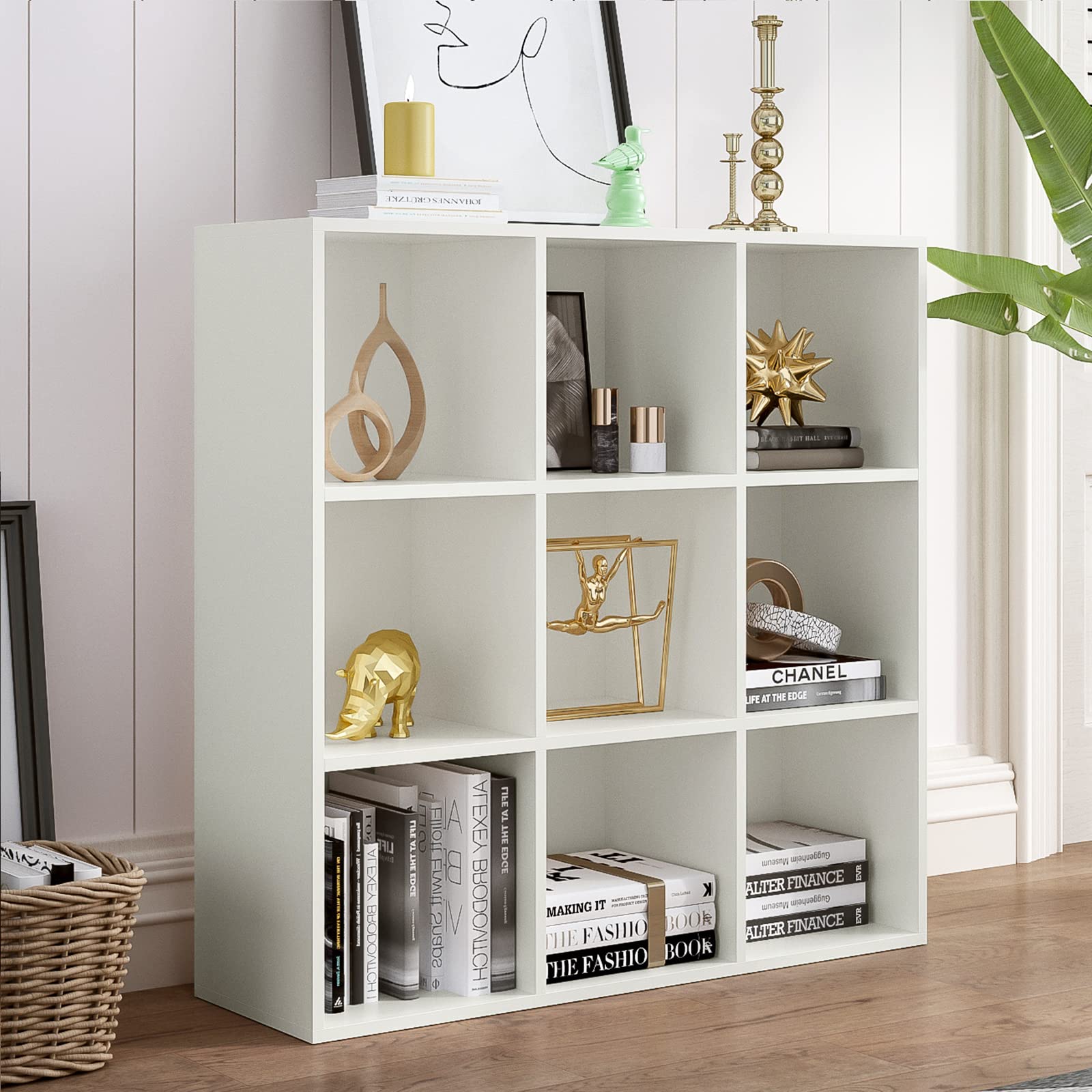 OSCHF 9-Cube Storage Shelf Bookcase - Wooden 3-Tier Floor Standing Open Bookshelf for Home and Office, Display Cabinet, Warm Whi