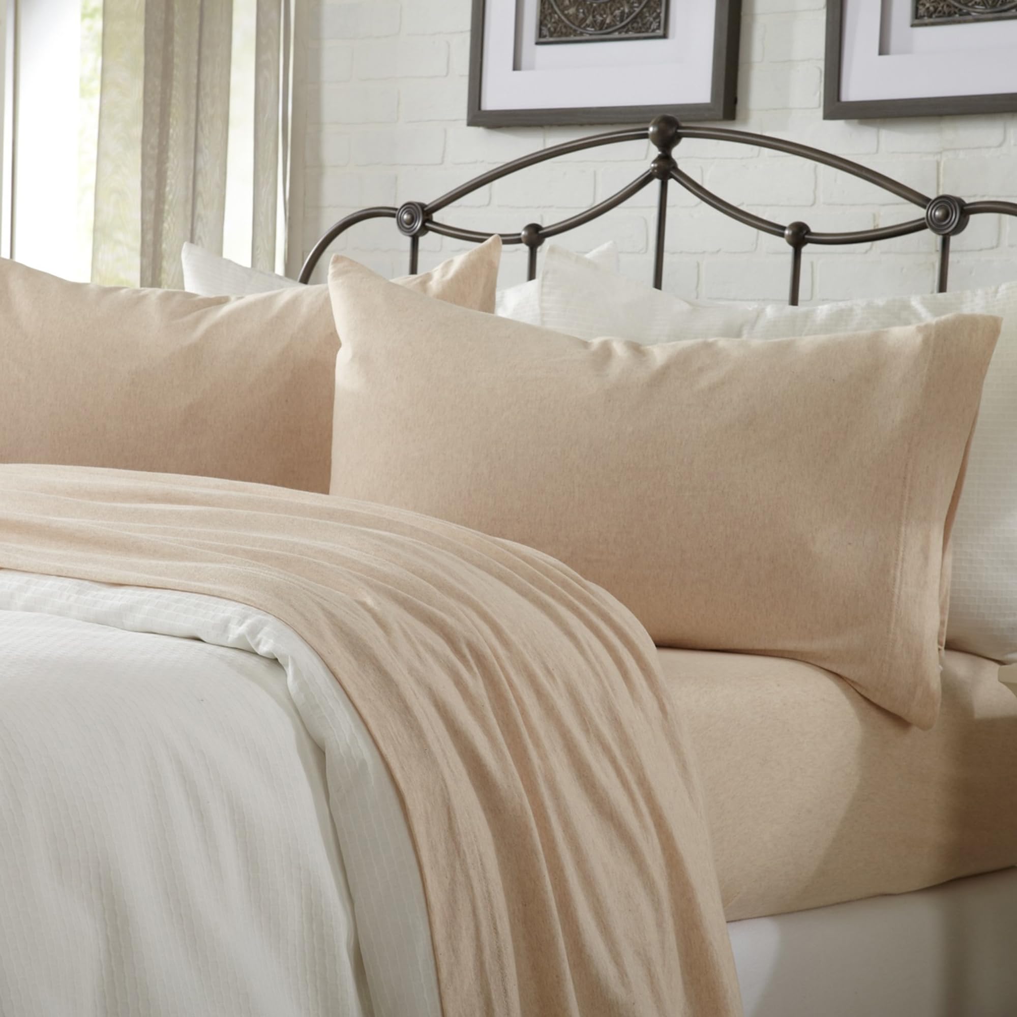 Great Bay Home Cotton Jersey Knit Queen Sheet Set - Ultra-Soft, Stretchy, Heathered Melange Oatmeal Bed Sheets - Cozy, Soft T-Sh
