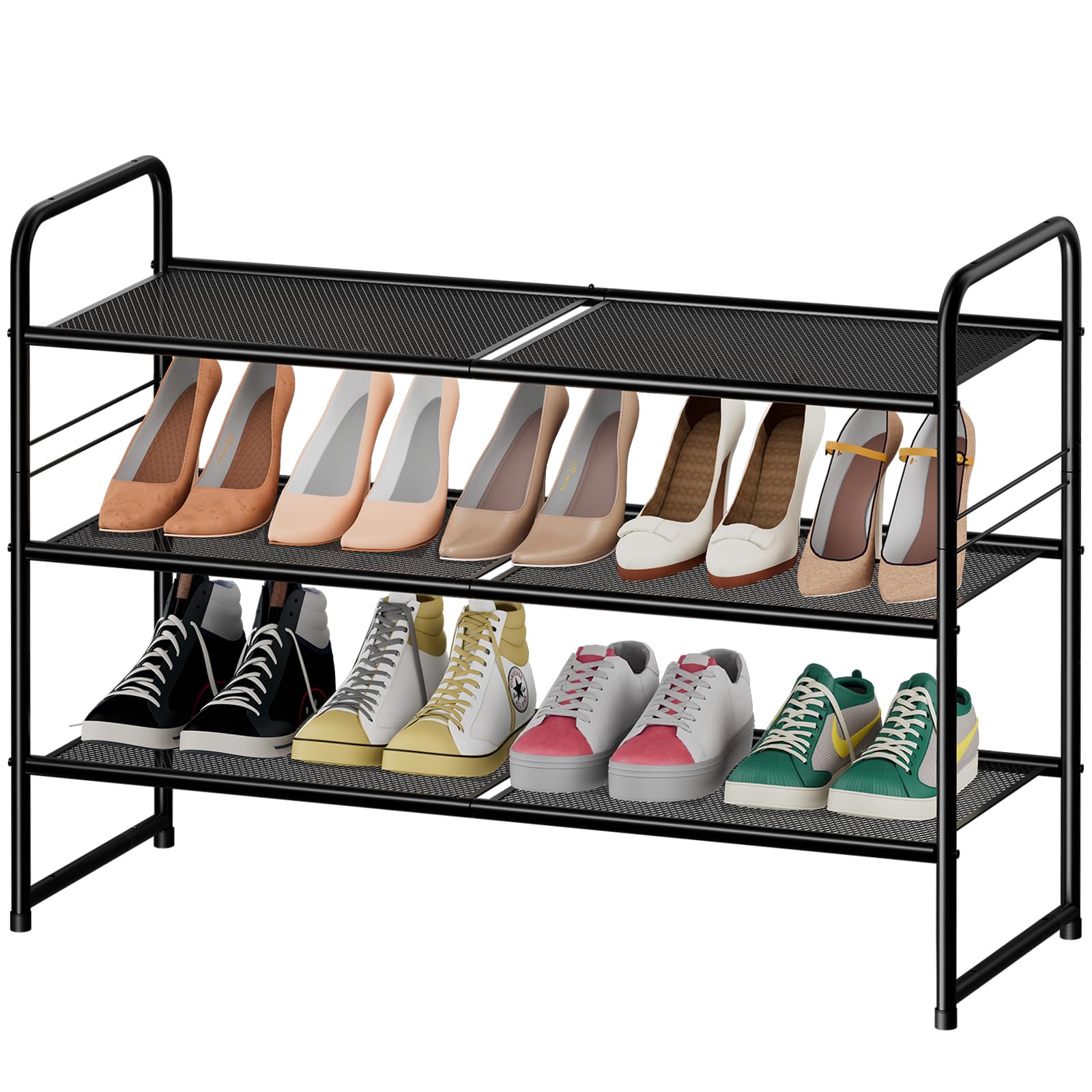 SUFAUY 3 Tier Mesh Shoes Rack for Closet, Stackable All Metal 32 w Tall Shoe Shelf, Black