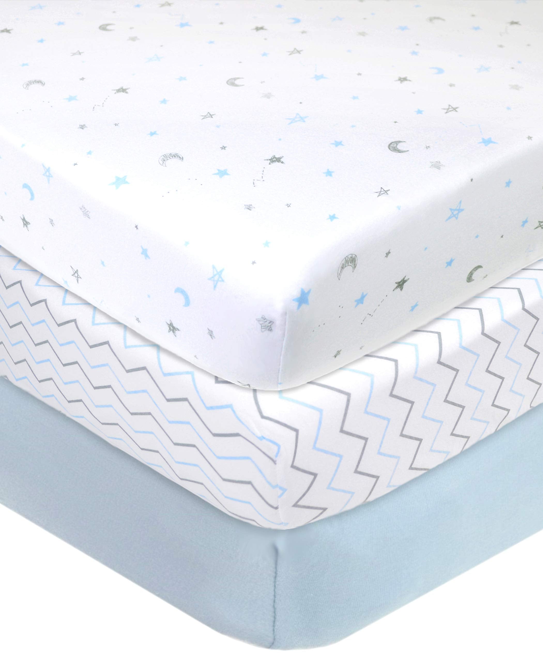 American Baby Company 3 Pack Fitted Crib Sheets 28 x 52, Soft Breathable Neutral 100% Cotton Jersey Sheet, Blue Star/Zigzag, for