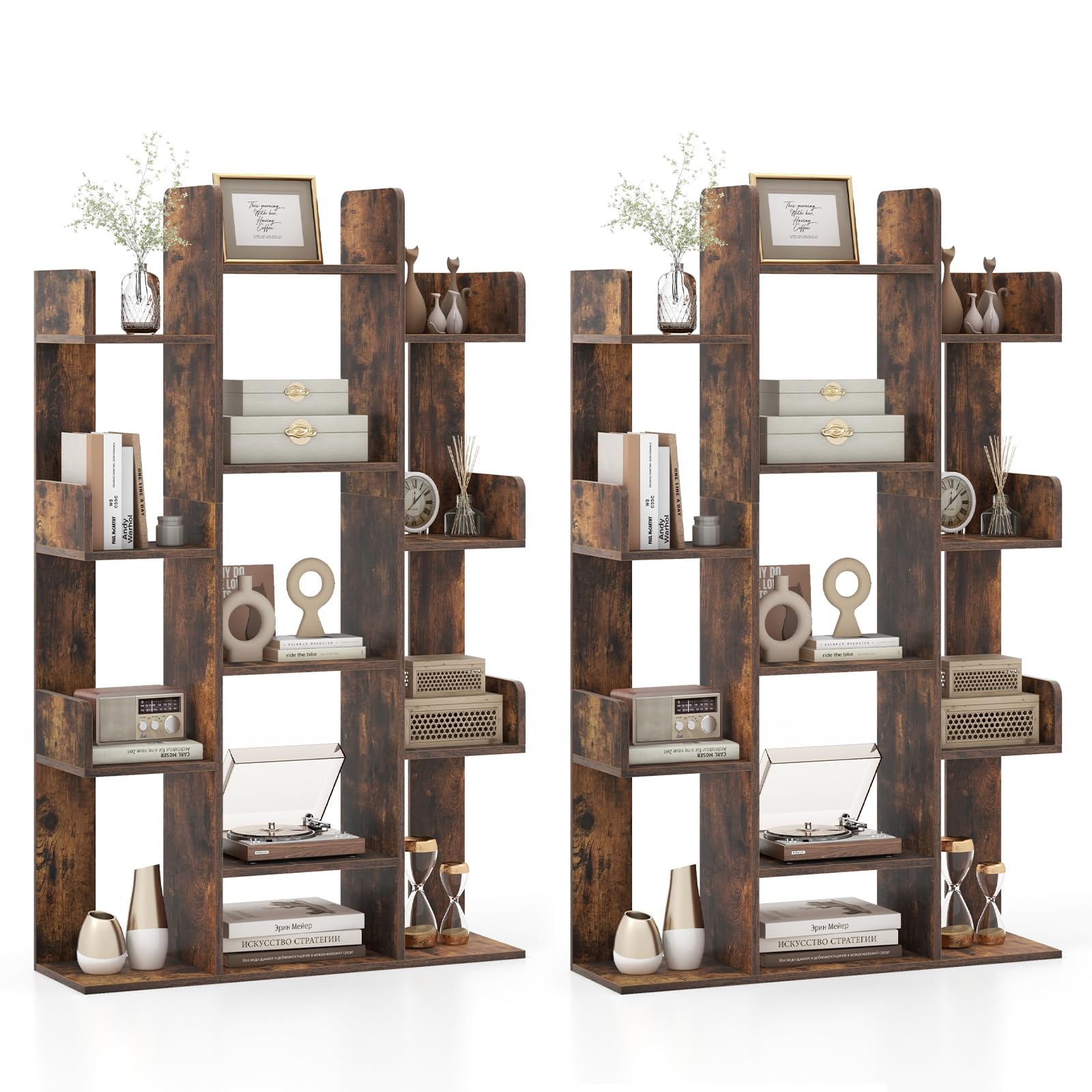 Giantex 7-Cube Tree Bookshelf of 2, 55.5 Wooden Bookcase with 13 Open Shelves, Tall Corner Books Storage Organizer, Freestanding