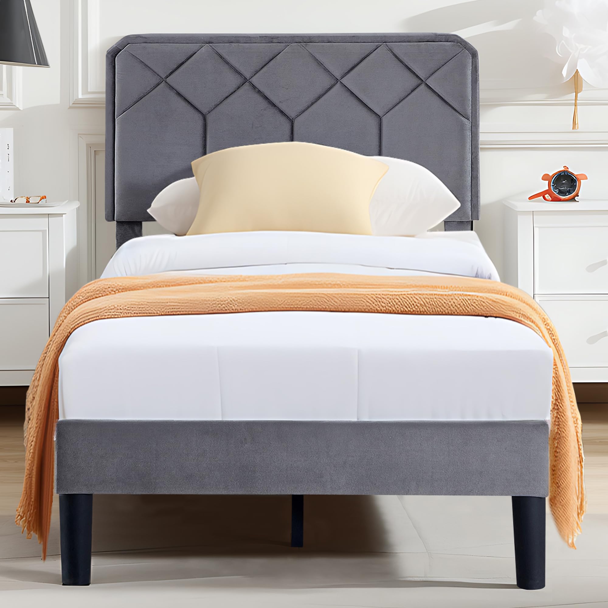 VECELO Twin Size Bed Frame, Velvet Upholstered Platform with Adjustable Headboard, Mattress Foundation with Solid Wood Slats, No