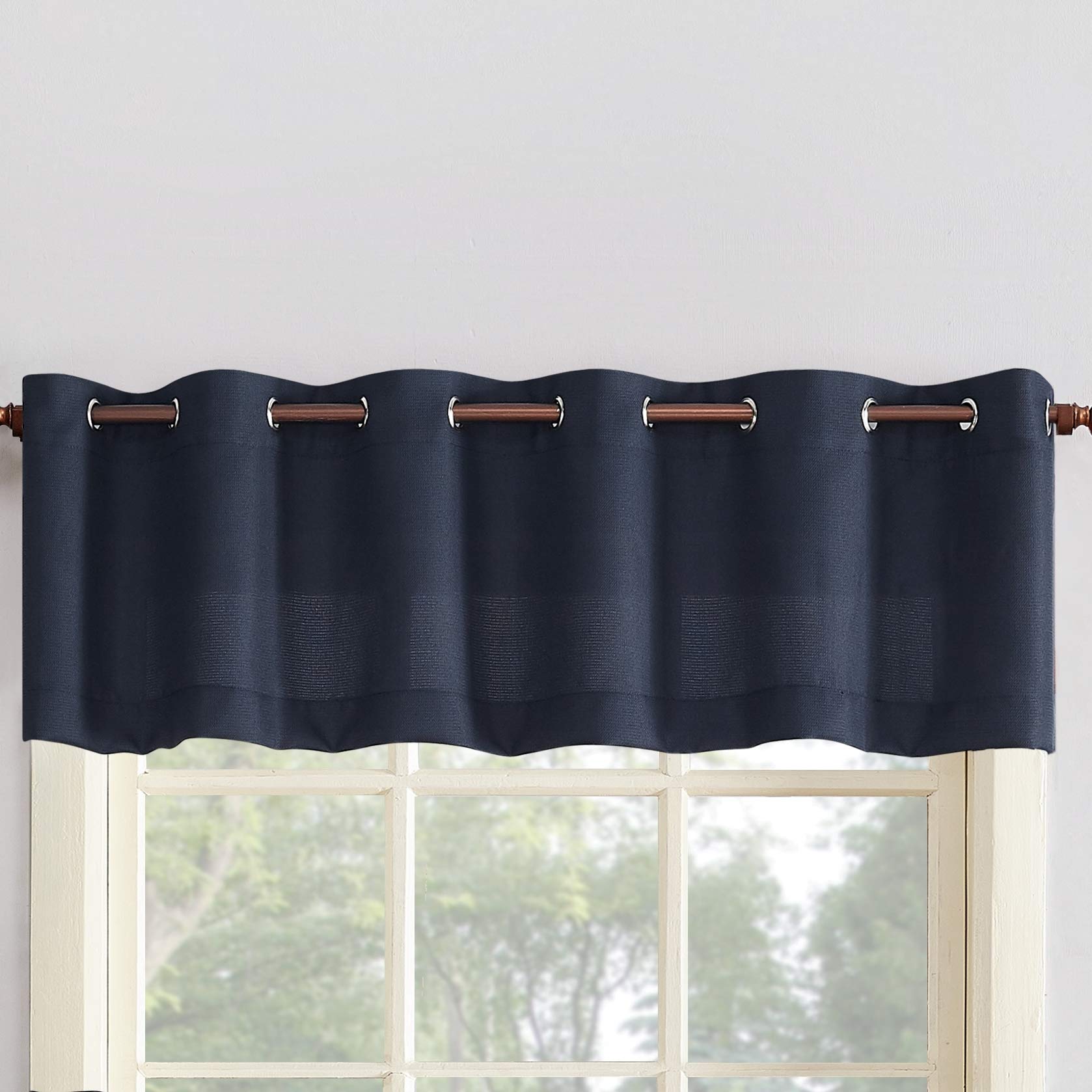 No. 918 Montego Casual Textured Semi-Sheer Grommet Curtain Valance, 56 x 14 Kitchen Tier Pair, Navy Blue