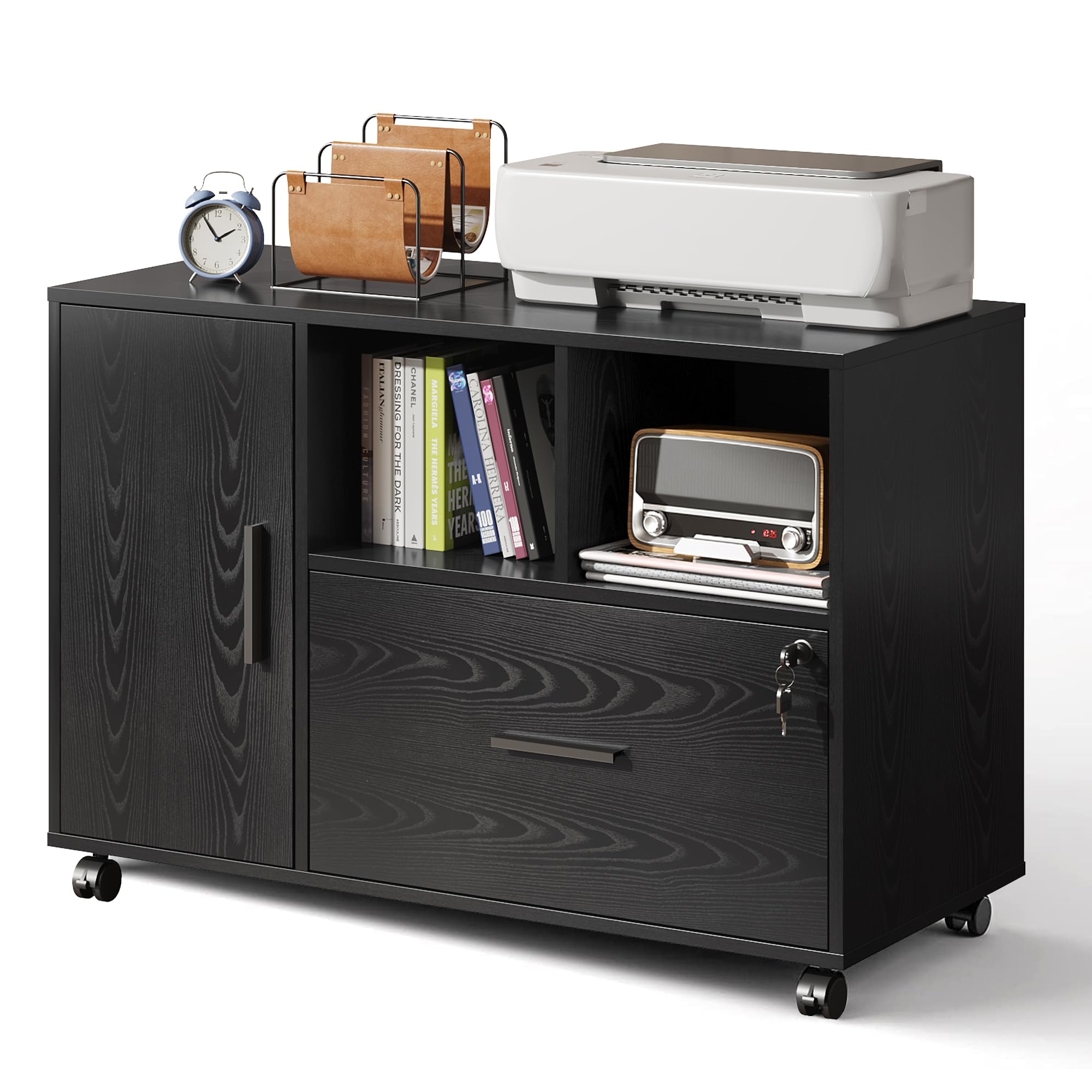 DEVAISE Office File Cabinet with Lock, 1-Drawer Wood Lateral Filing Cabinet on Wheels, Printer Stand with Open Storage Shelves f