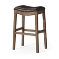 Maven Lane Adrien 31 Inch Bar Height Backless Saddle Barstool in Dark Walnut Finish with Marksman Saddle Vegan Leather Cushion S