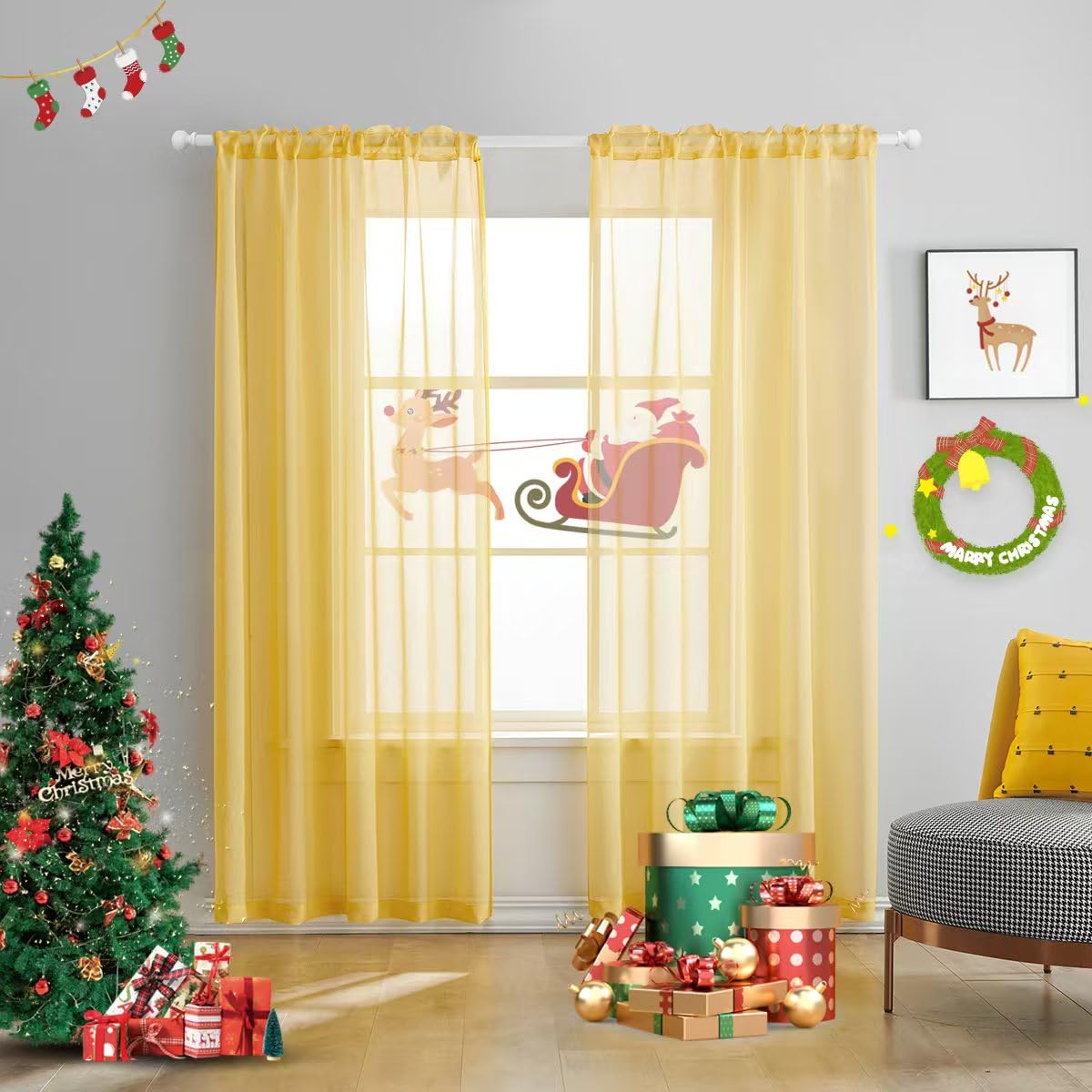 TOAVA DECO Yellow Sheer Curtains 84 Inches Long Semi Faux Linen Yellow Sheer Curtain 84 for Bedroom Living Room Girls Kids Room 