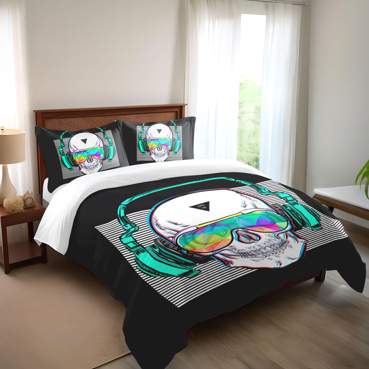 SHOMPE Music Skull Comforter Sets Queen Size Boys Girls Punk Rocker Skeleton Printed Soft Warm Bedding for All Season