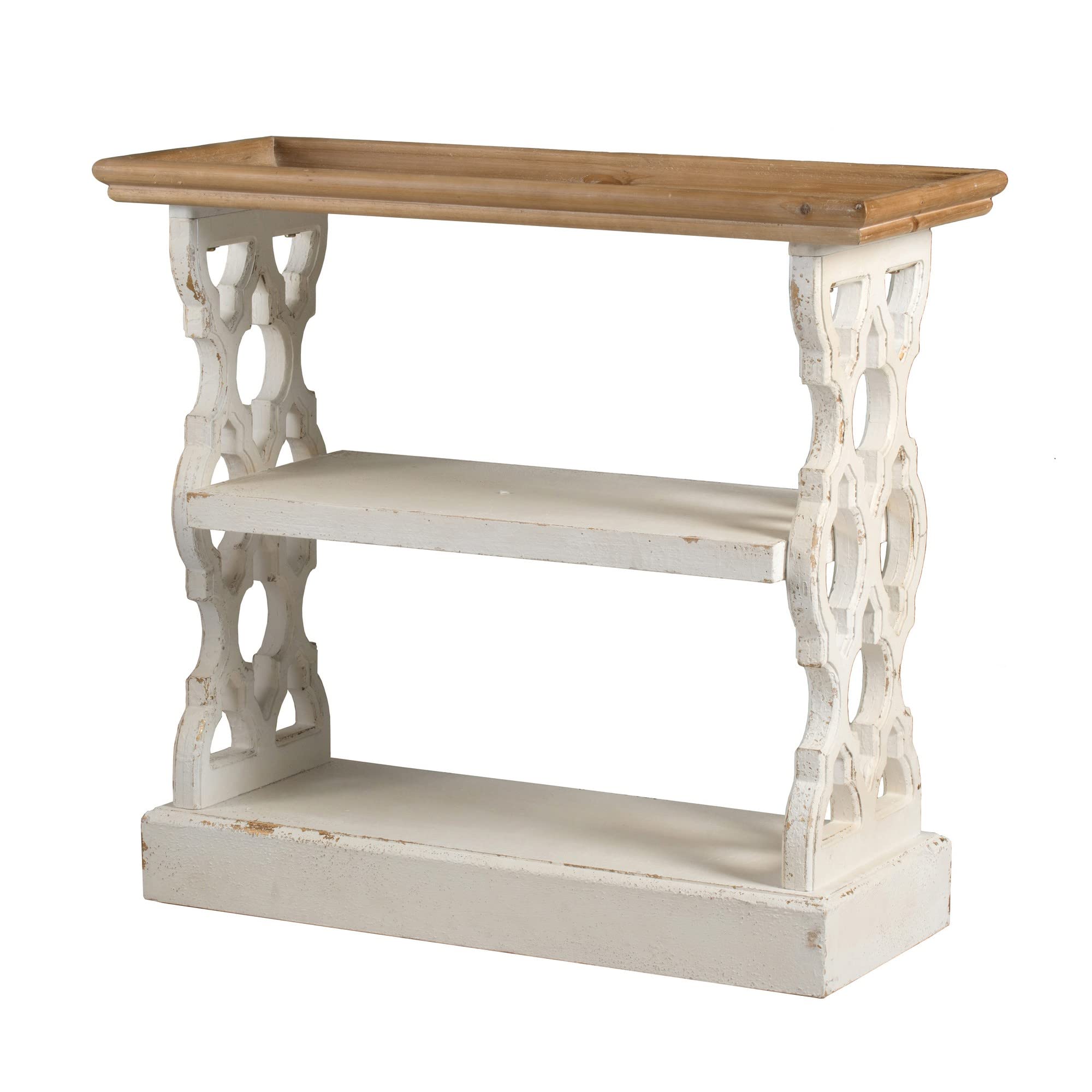 Benjara 35 Inch 3 Tier Console Table, Fir Wood, Carved Panels, Brown and White