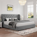 HOMBCK Grey King Bed Frame, Velvet Upholstered Platform Bed Frame with Headboard, Curved Wingback Design, Wooden Slats, No Box S