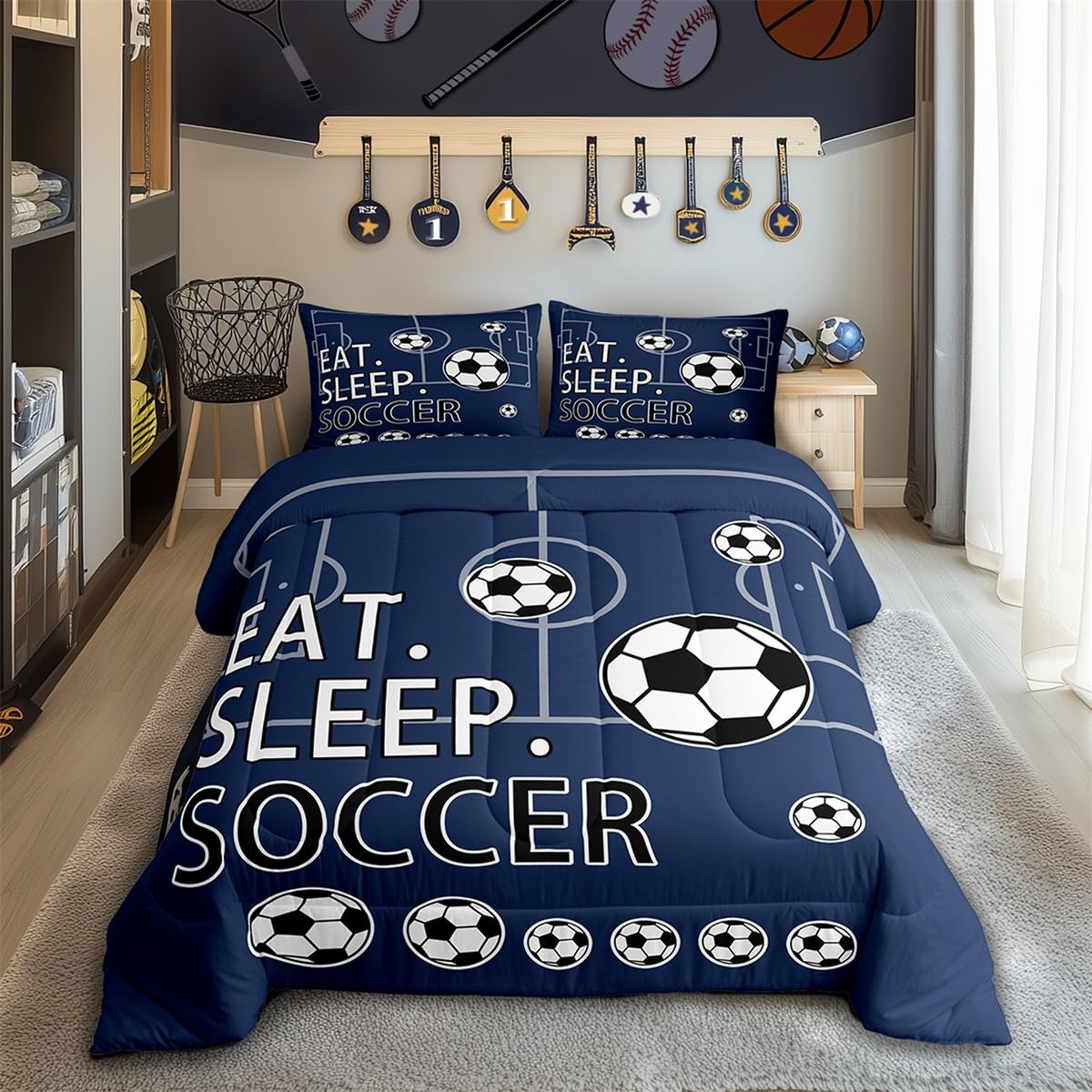 Feelyou Toddle Size Soccer Comforter Set Boys Girls Football Bedding Set for Kids Teens Toddler Navy Blue Duvet Set Soccer Ball 