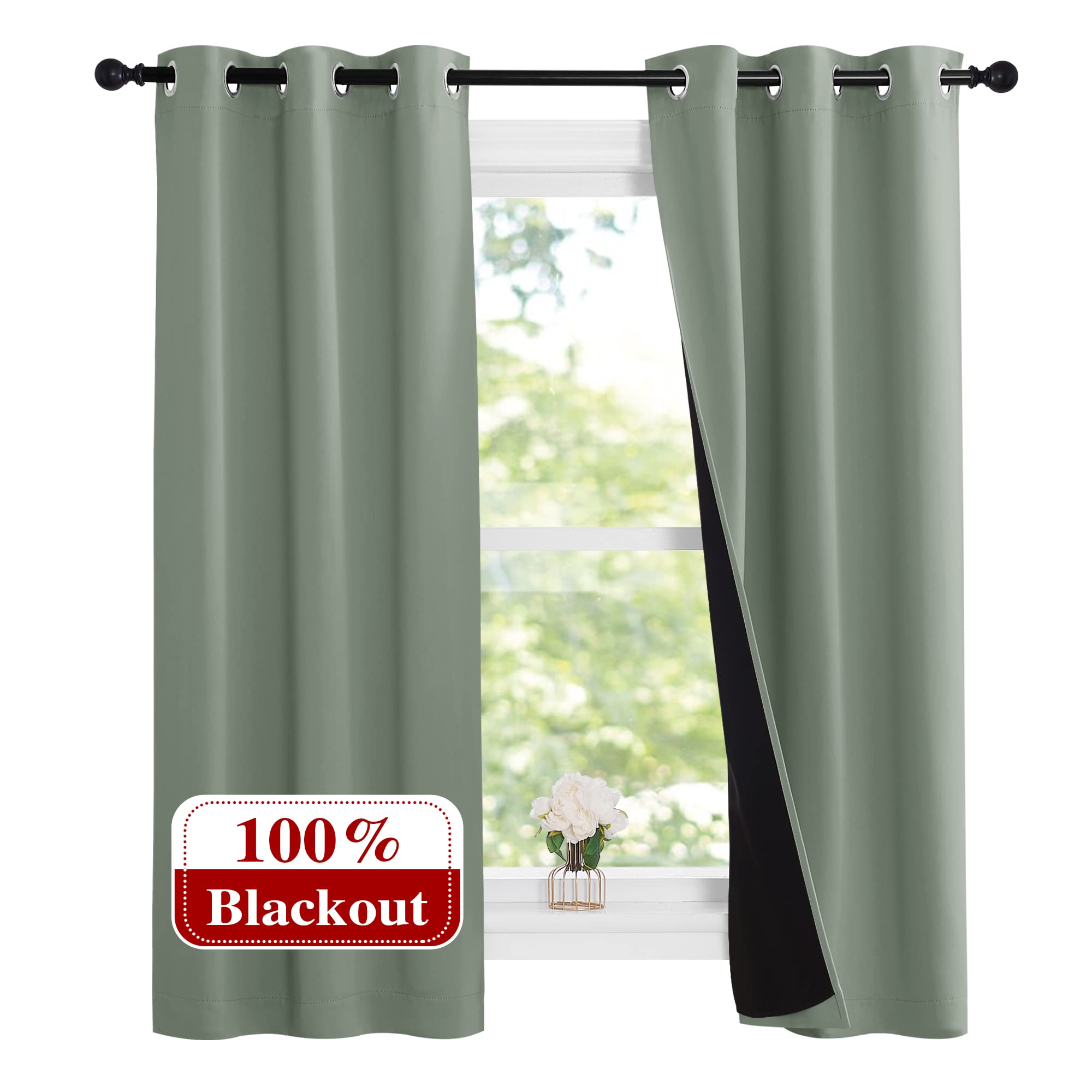 NICETOWN Greyish Green 100% Blackout Lined Curtains, 2 Thick Layers Narrow Wide Window Treatment Panels Thermal Insulated Drapes
