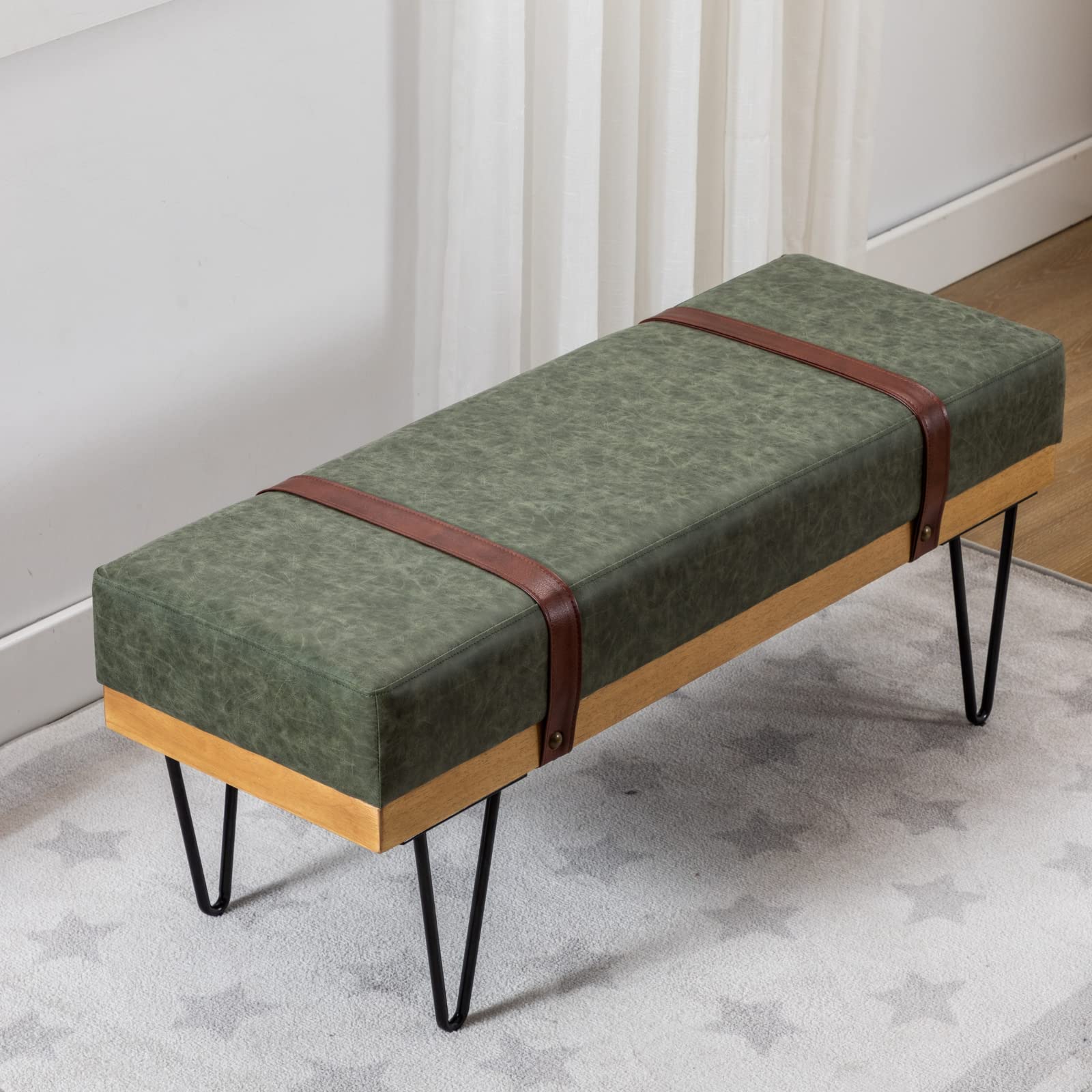 HEAH-YO Modern Bench Set of 1, 44 Width Dining Bench with PU Leather Strap and Metal Legs, PU Fabric Bedroom Bench Footstool for