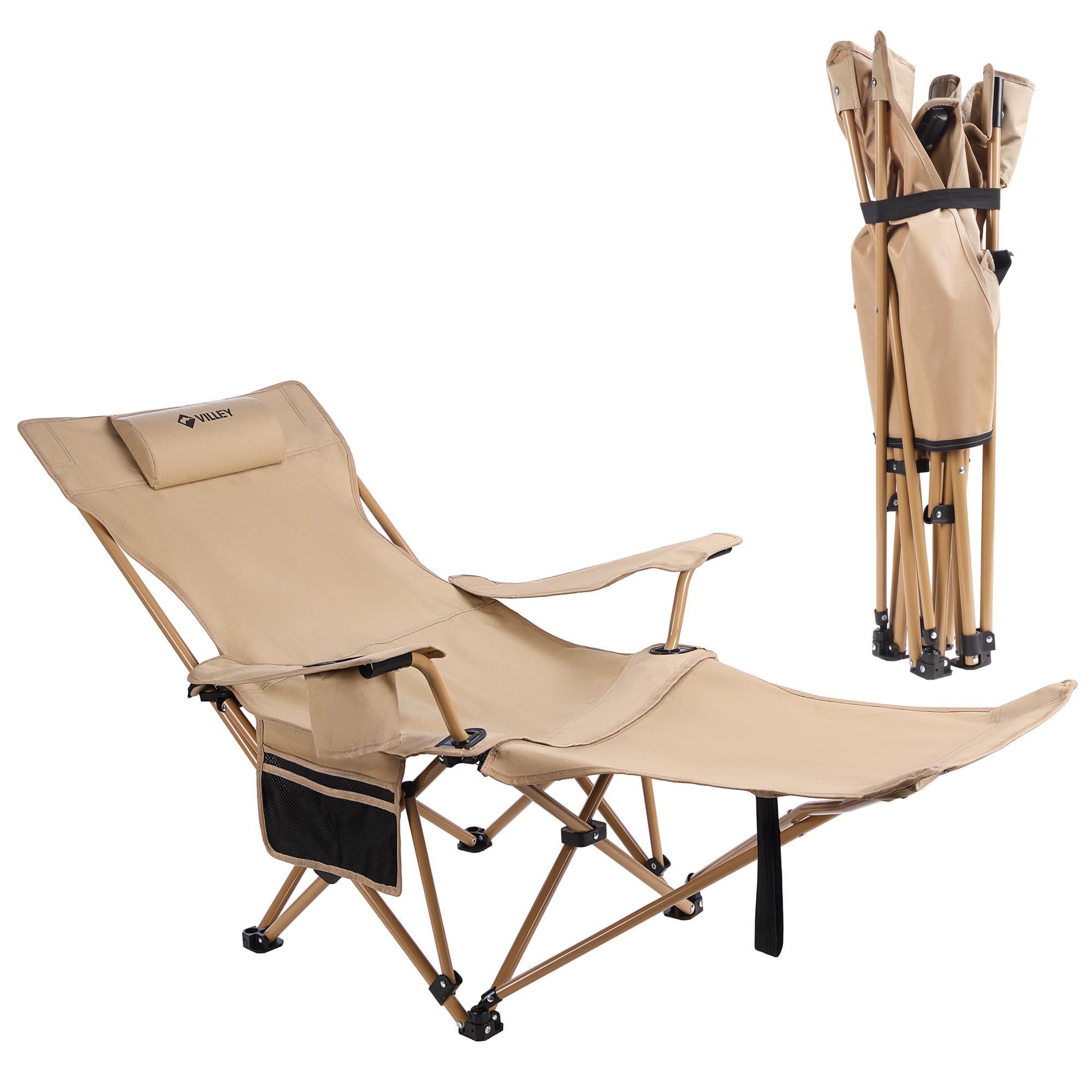 VILLEY Reclining Camping Lounge Chair Adjustable Foldable Chair for Adults with Removable Footrest, Headrest & Storage Bag Suppo