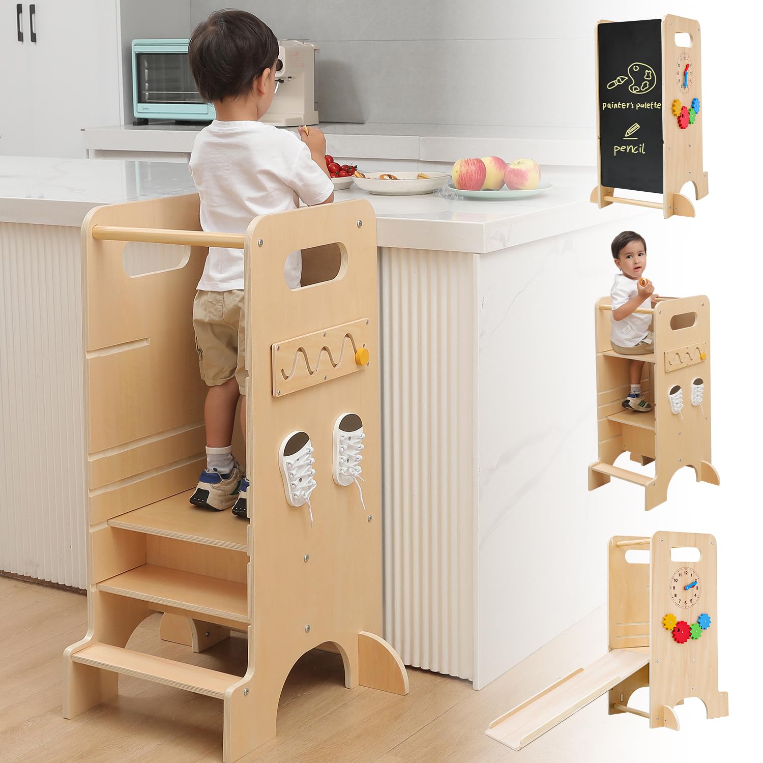JUZBOT Toddler Tower 4 in 1 Toddler Kitchen Stool Helper Adjustable Standing Tower for Kitchen Counter with Slide, Chalkboard, M