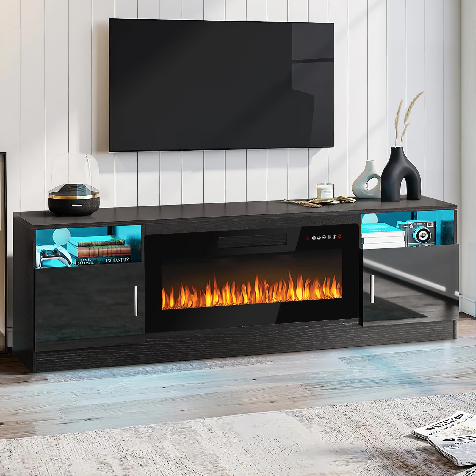 PUKAMI Fireplace TV Stand for TVs Up to 80  TV,Entertainment Center with 36  Electric Fireplace,TV Stand with LED Light,70inch