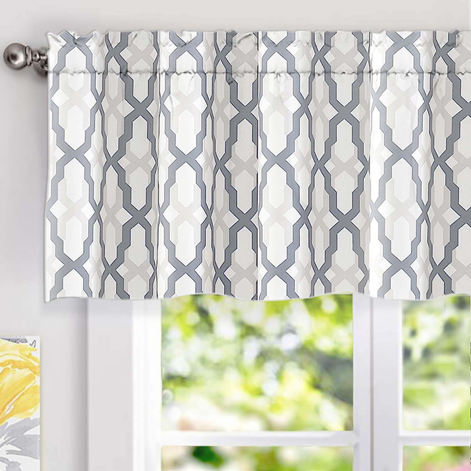 DriftAway Mason Geometric Trellis Pattern Window Curtain Valance Rod Pocket 52 Inch by 18 Inch Plus 2 Inch Header Gray