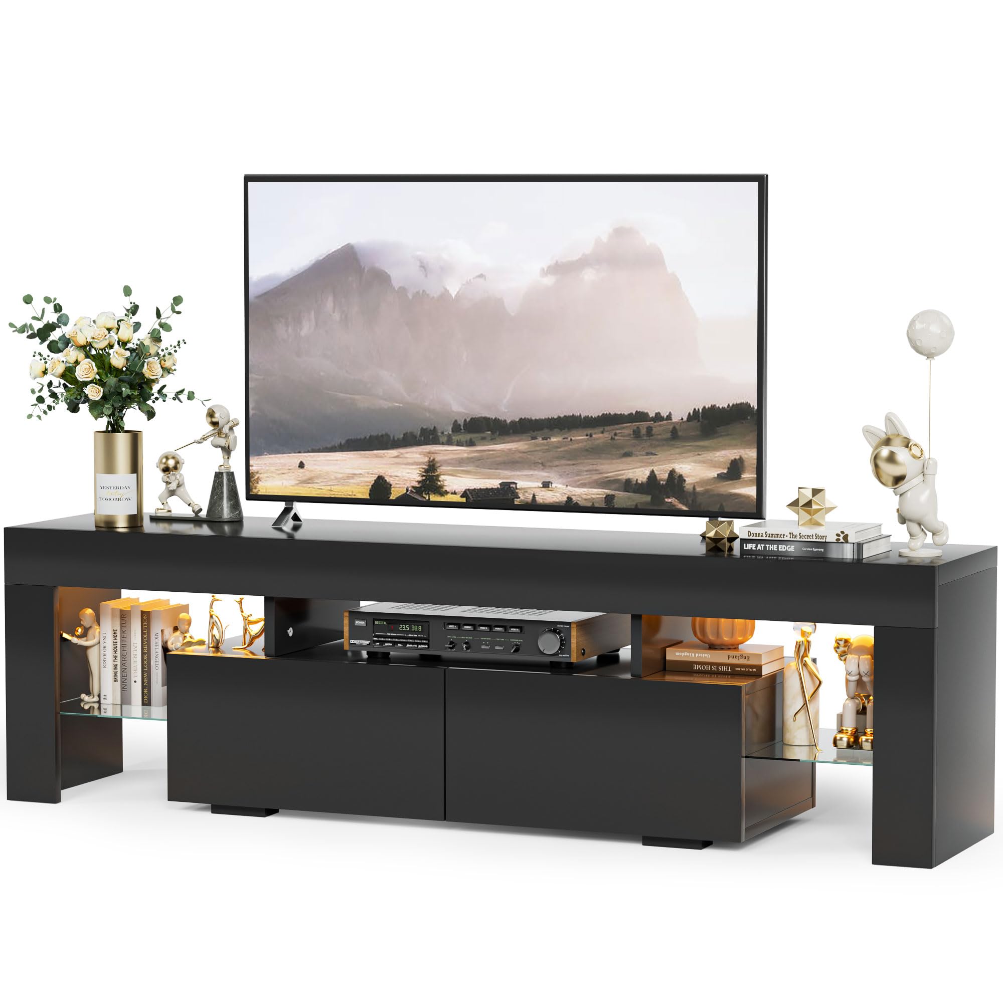YESHOMY Modern LED TV Stand for Televisions up to 70 Inch with Glass Shelves and Drawer, Gaming Entertainment Center with Multip