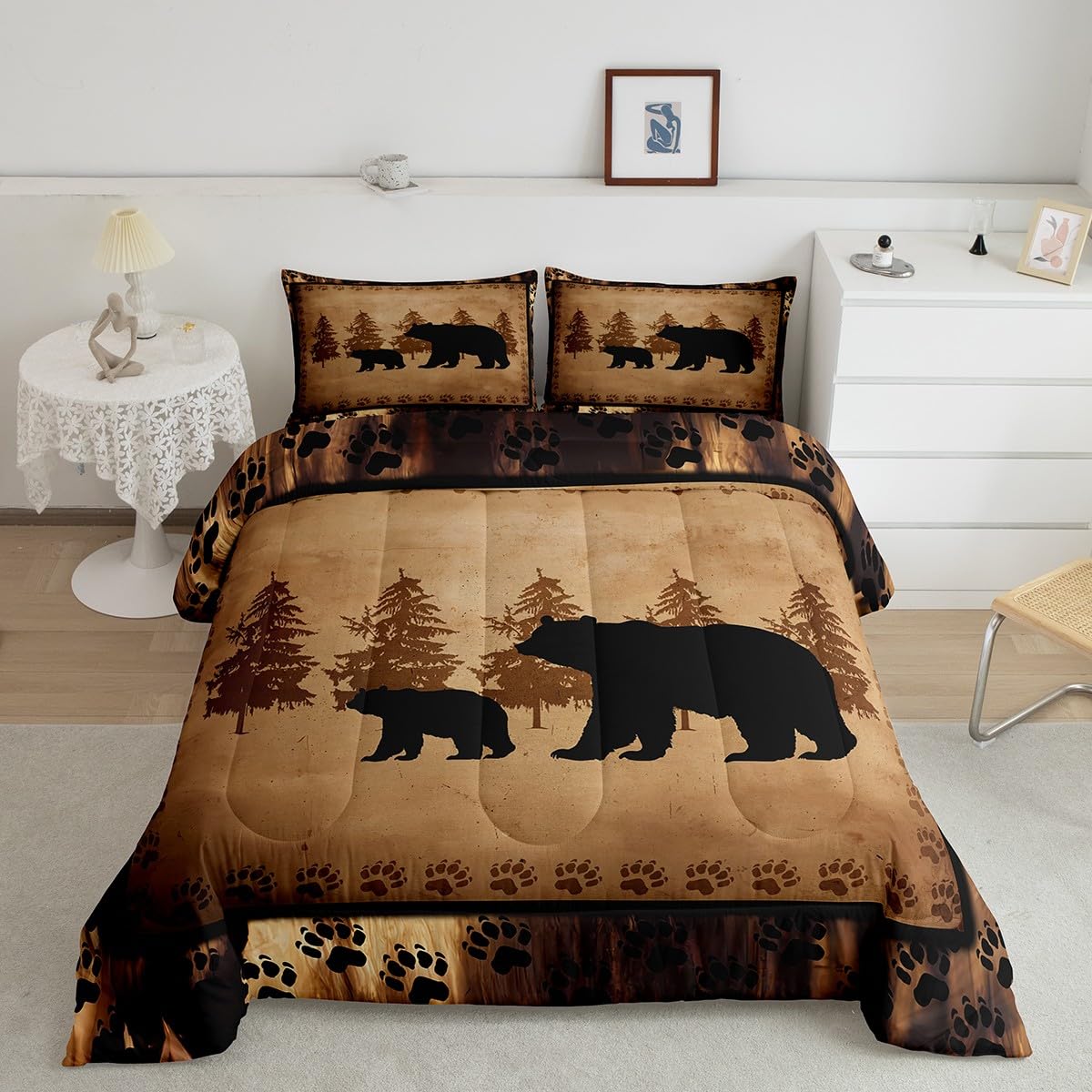 Bear Comforter Set Full Size Farmhouse Wild Animal Comforter Retro Bear Family Bedding Set for Kids Boys Girls Brown Bear Paws D