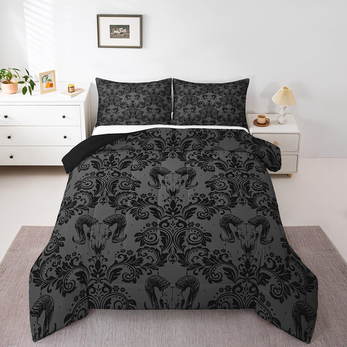 Feelyou Adults Gothic Comforter Set Full Size Dark Olive Green Damask Comforter Goat Head Bohemia Boho Bedding Set Goth Duvet Se