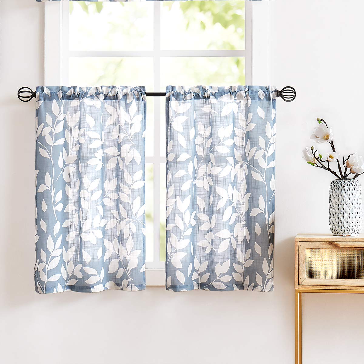 Treatmentex Blue Kitchen Tier Curtains 24 Short White Leaf Print Caf   Curtains for Small Windows 2 Panels