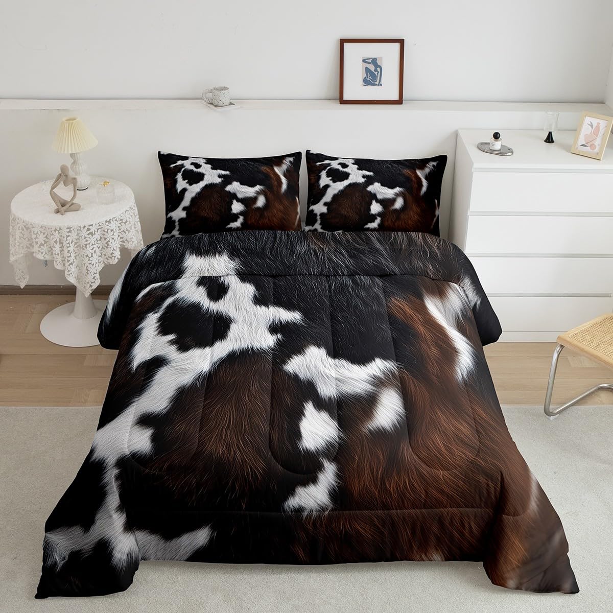 Cow Fur Bedding Set Kids Cowhide Leather Hair Comforter Women Men Soft Rustic Cow Skin Decor Comforter Set Brown Farmhouse Duvet